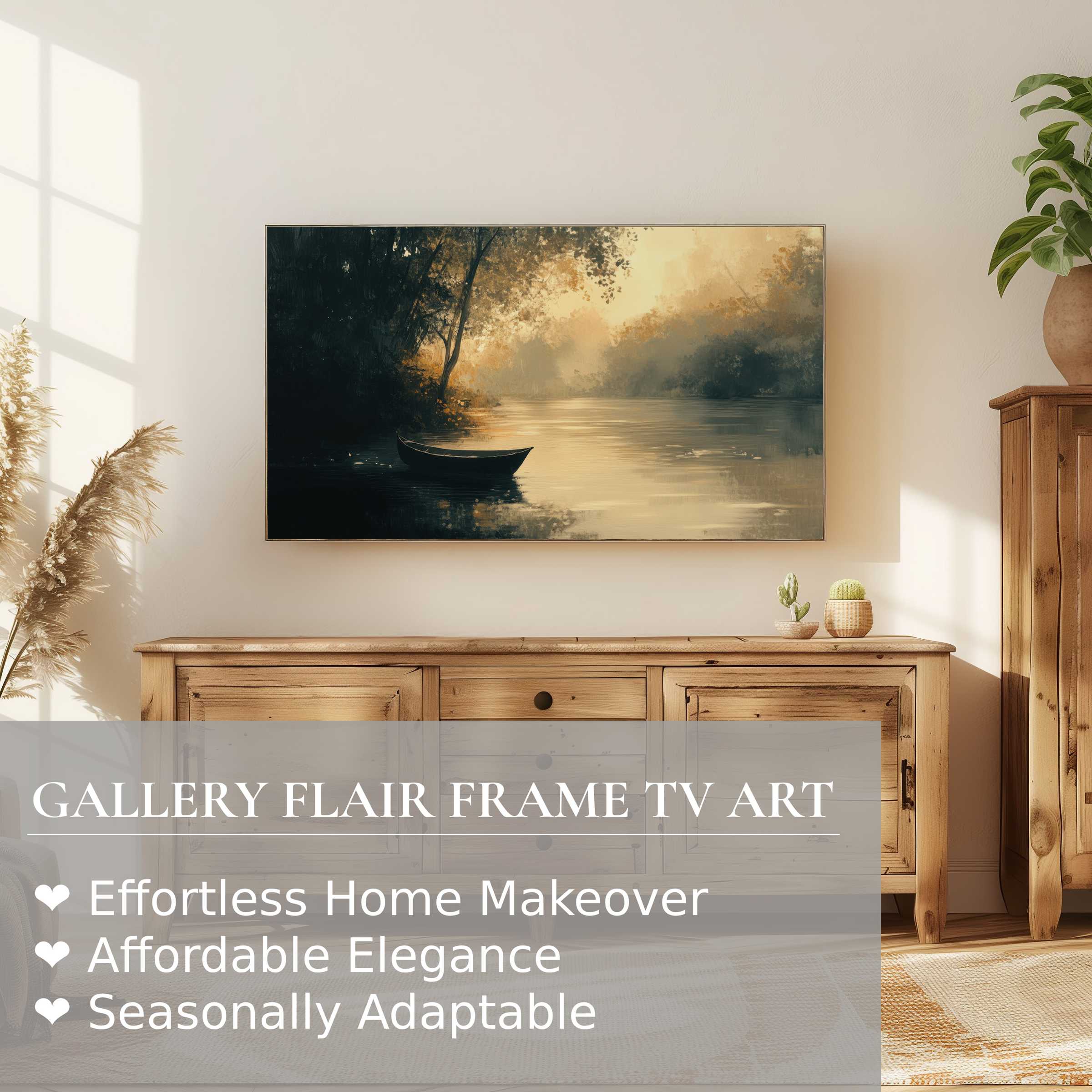 Samsung Frame TV showcasing a serene landscape digital artwork in a warm, elegant modern living room setting