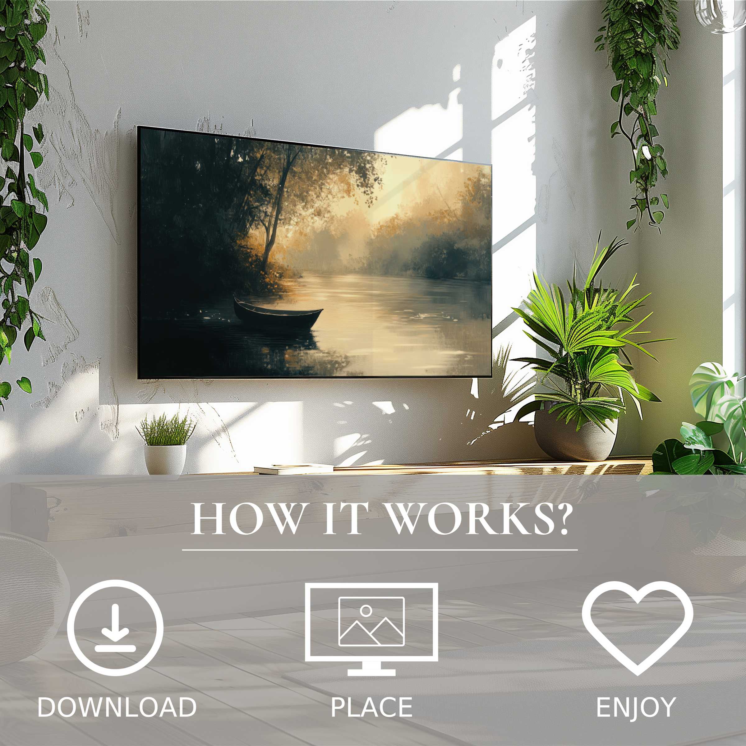 Modern living room with landscape art for Samsung TV showing soft sunset tones; easy digital download enriches spaces