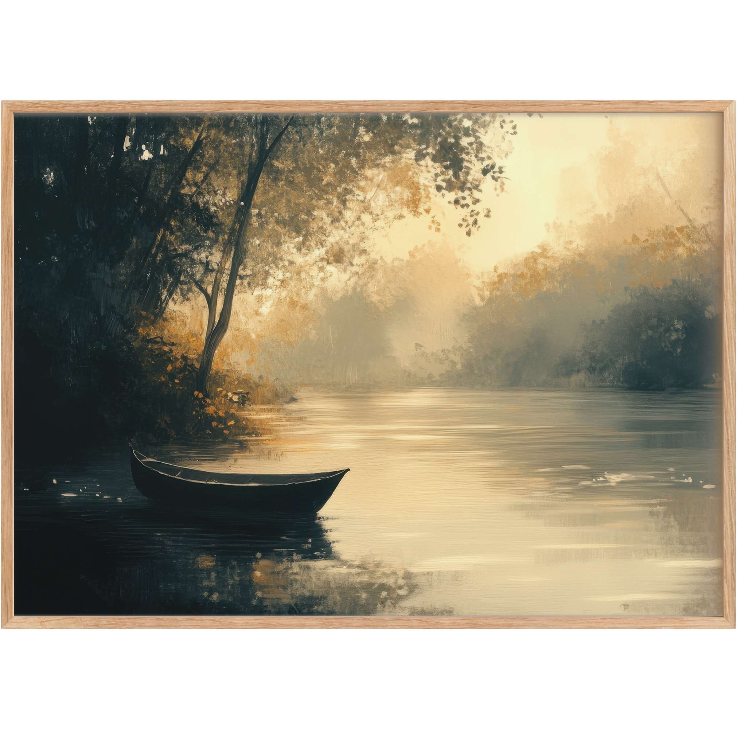 Serene landscape printable wall art capturing a tranquil river at dusk, with soft amber and deep navy hues creating a calming, contemplative atmosphere