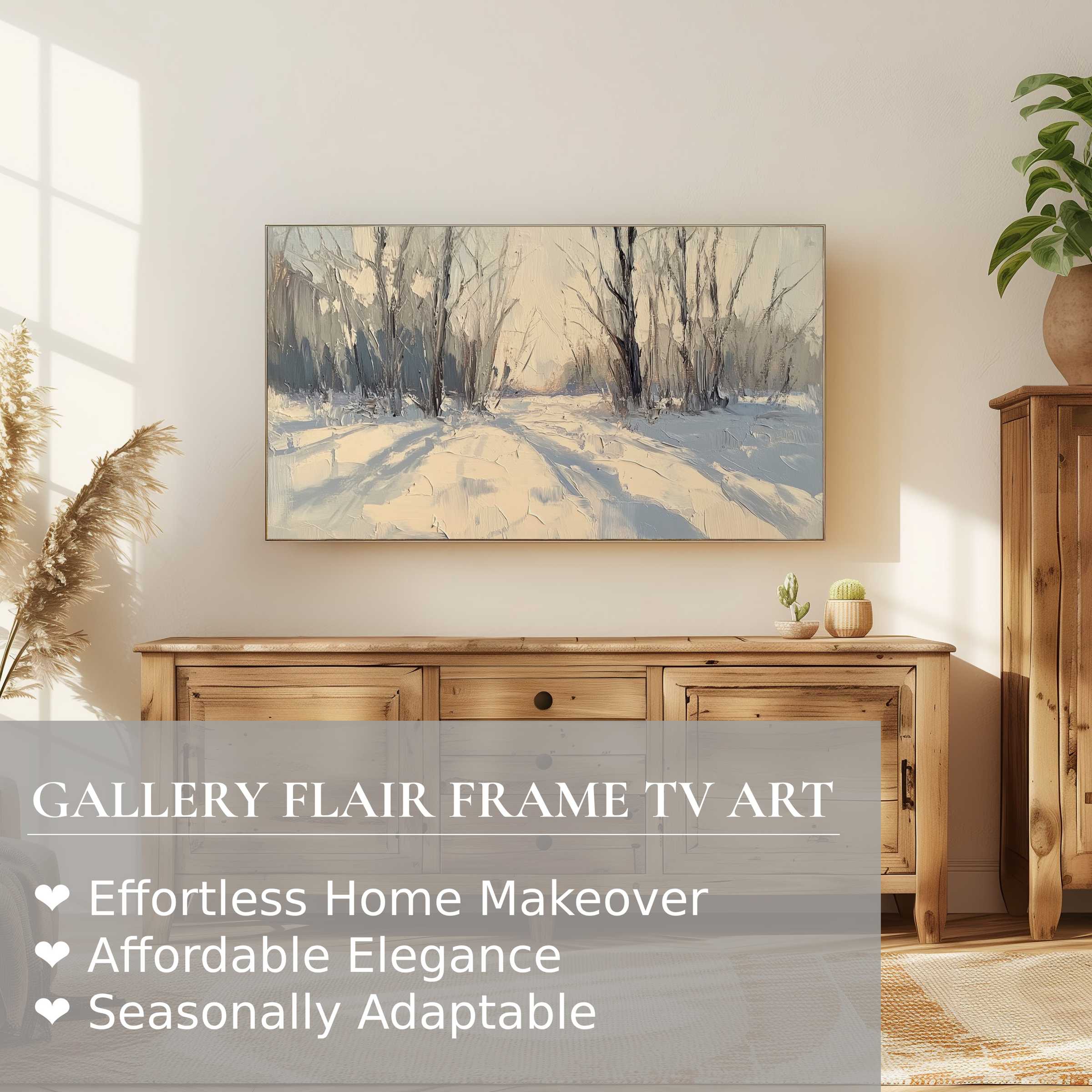 Samsung Frame TV displays serene tree digital artwork in soft winter hues, perfect for elegant modern homes