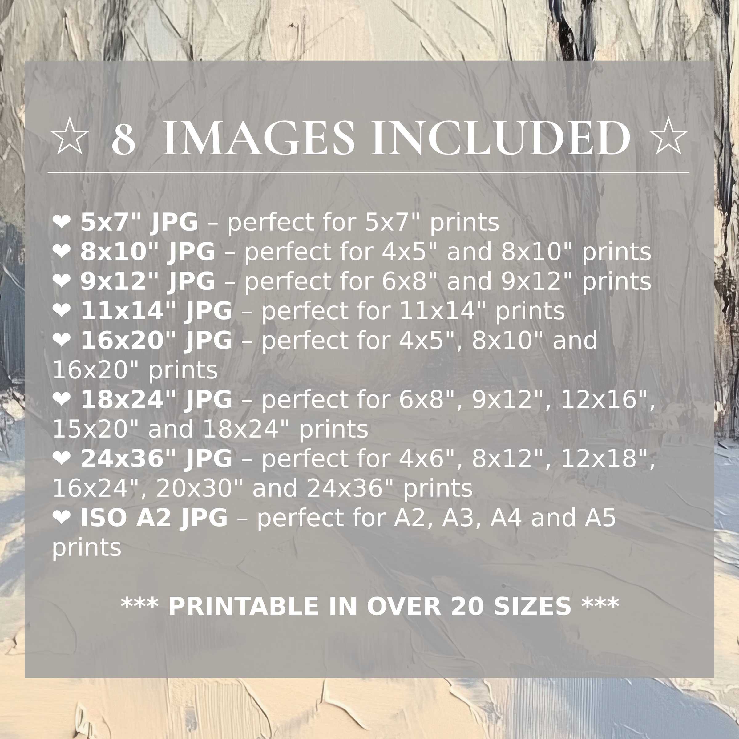 Print size guide showing 8 included JPG formats for versatile wall art printing – perfect for framing in popular sizes from 5x7 to 24x36 and A2