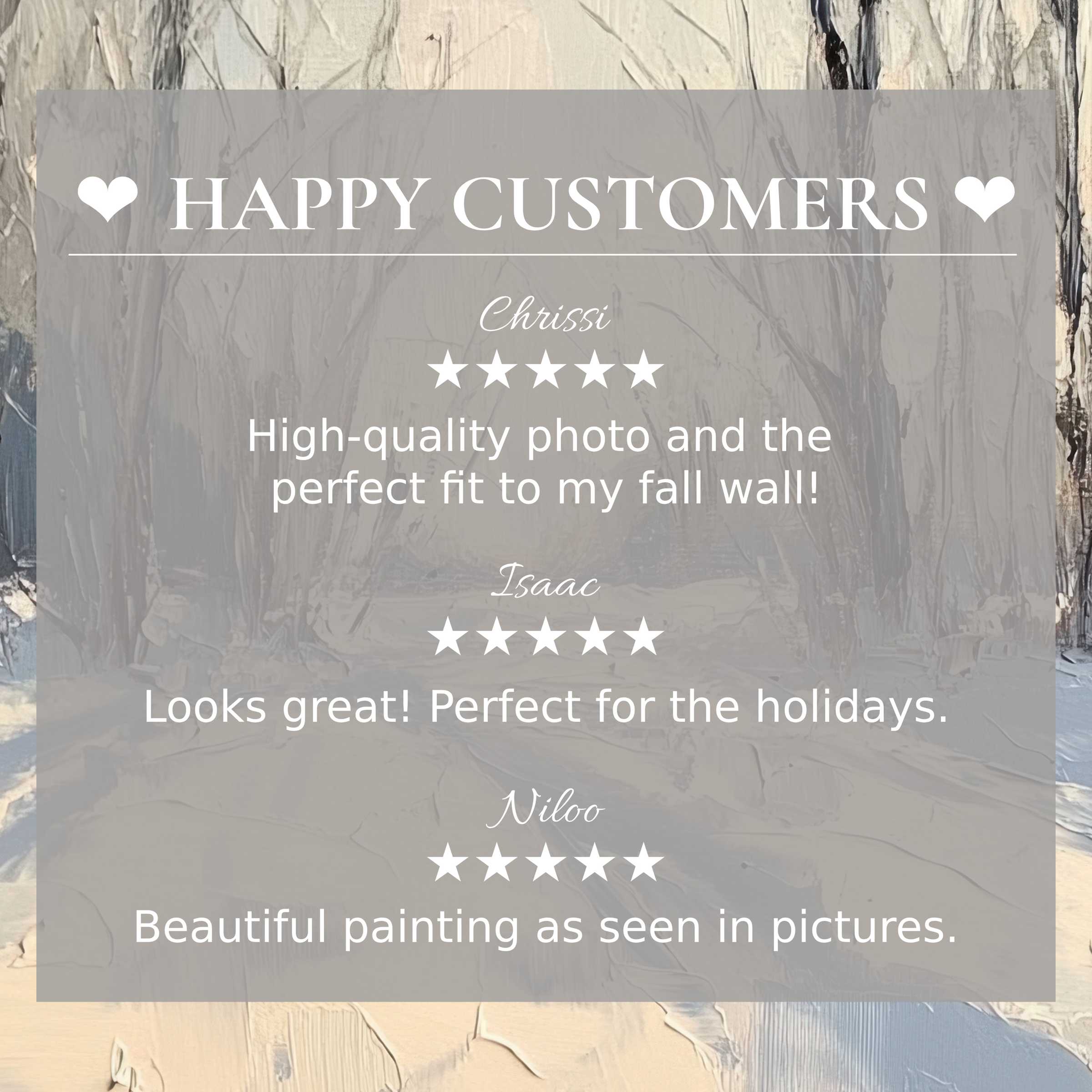 Elegant trees art for Frame TV with abstract muted tones; layout builds trust through happy customer reviews