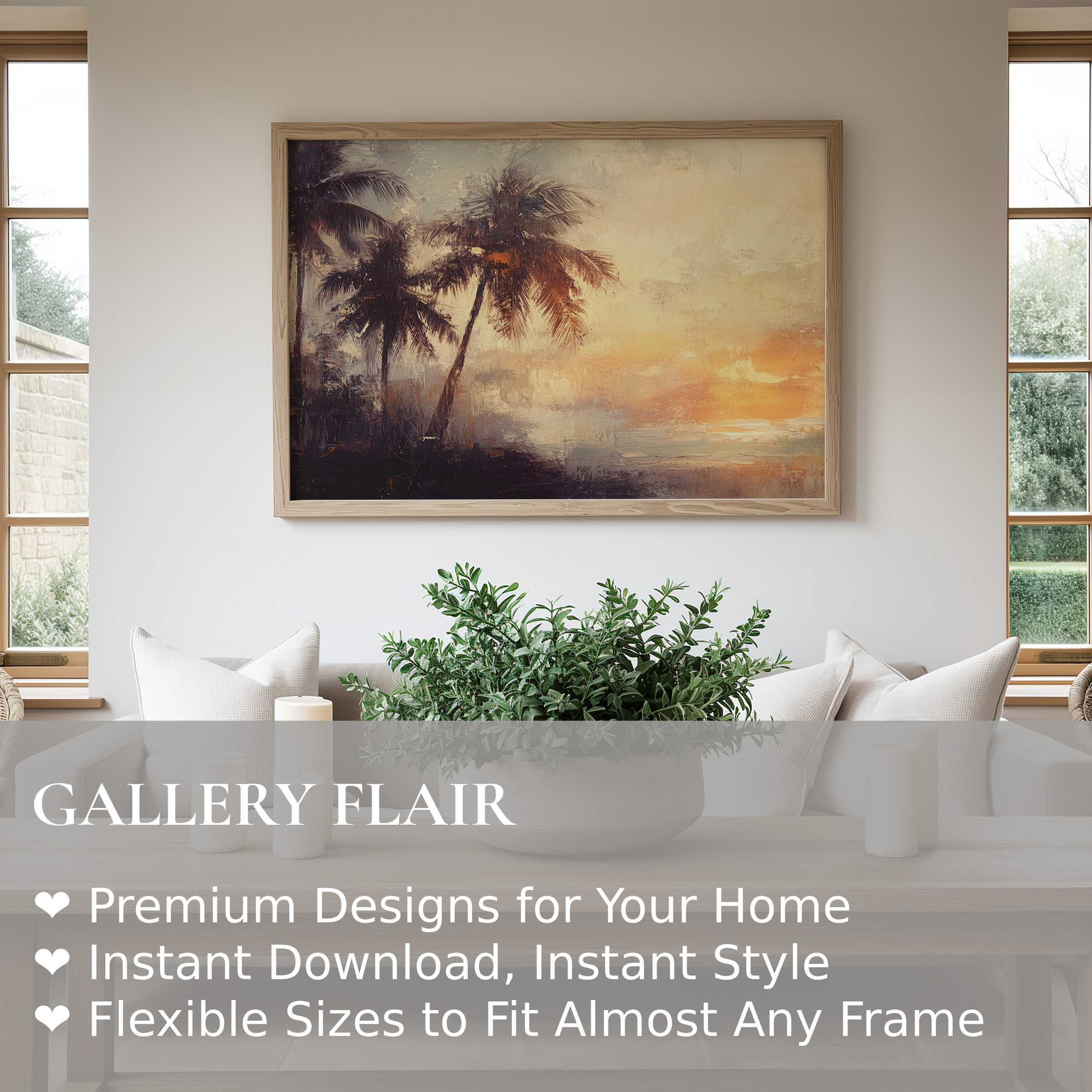 Serene beach wall art print with radiant sunset hues and palm silhouettes, elevating modern coastal interiors with calming warmth