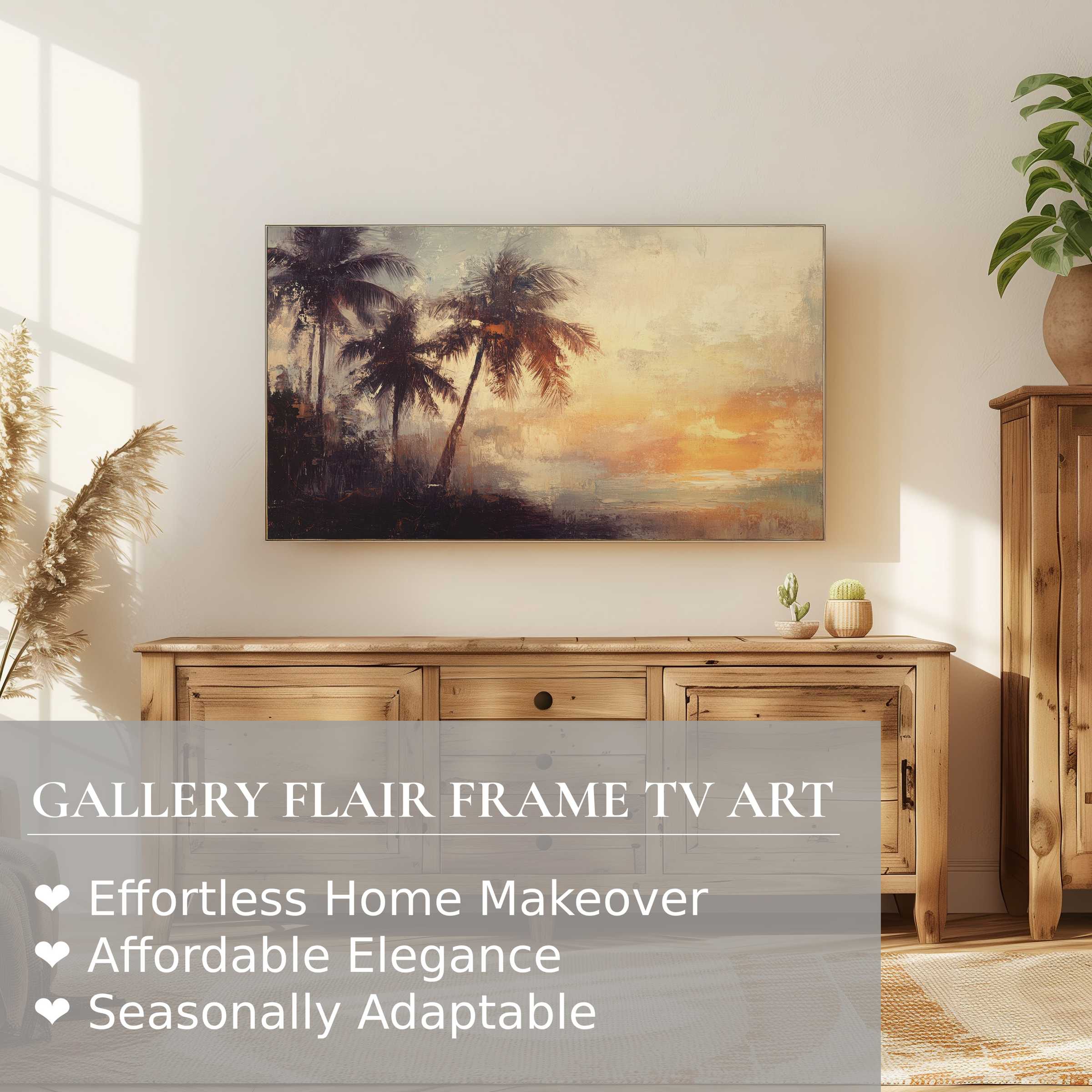 Samsung Frame TV displays serene beach digital artwork with soft light, perfect for elegant, modern home decor
