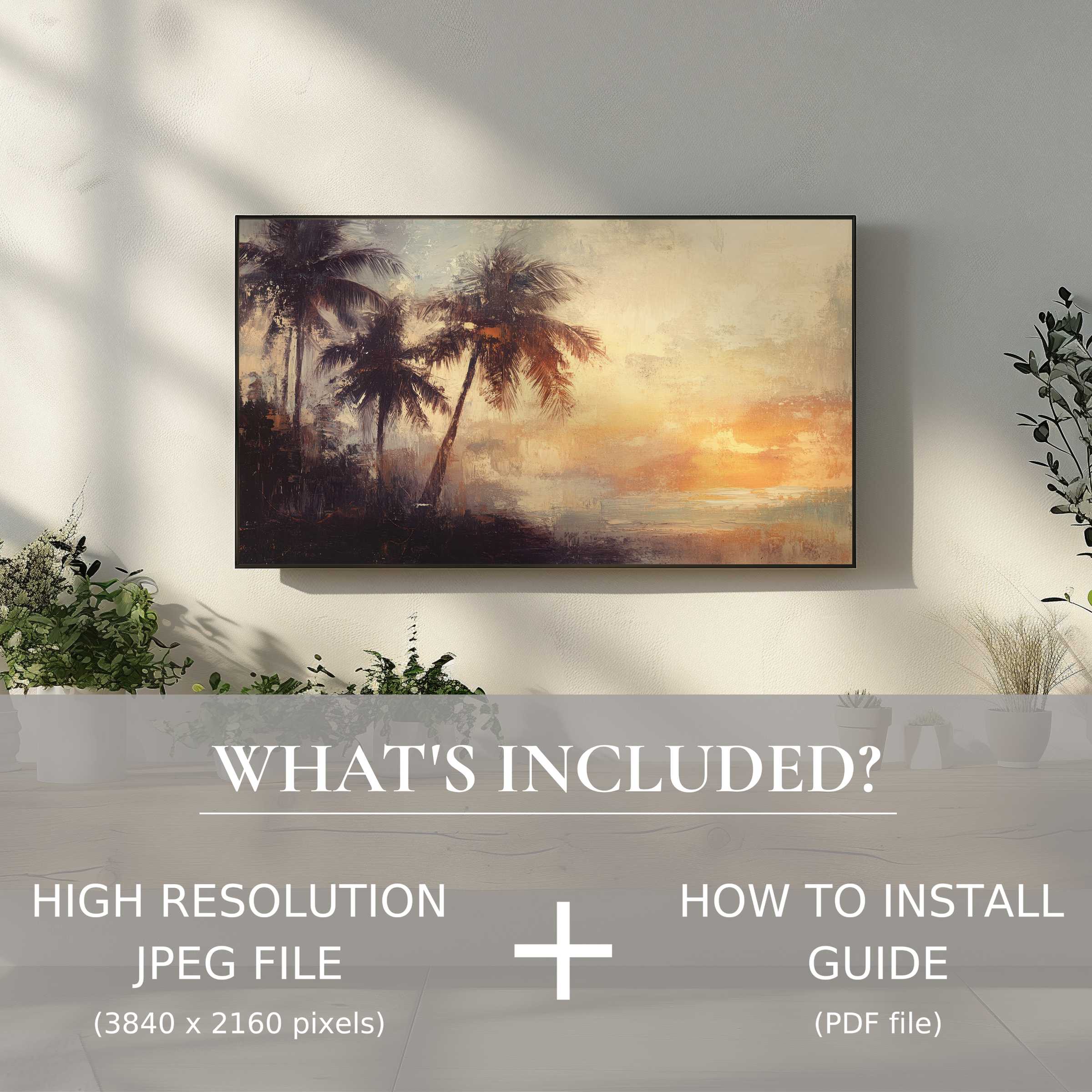 Elegant living room with beach digital TV art download, enhancing space with easy digital use and serene sunset views