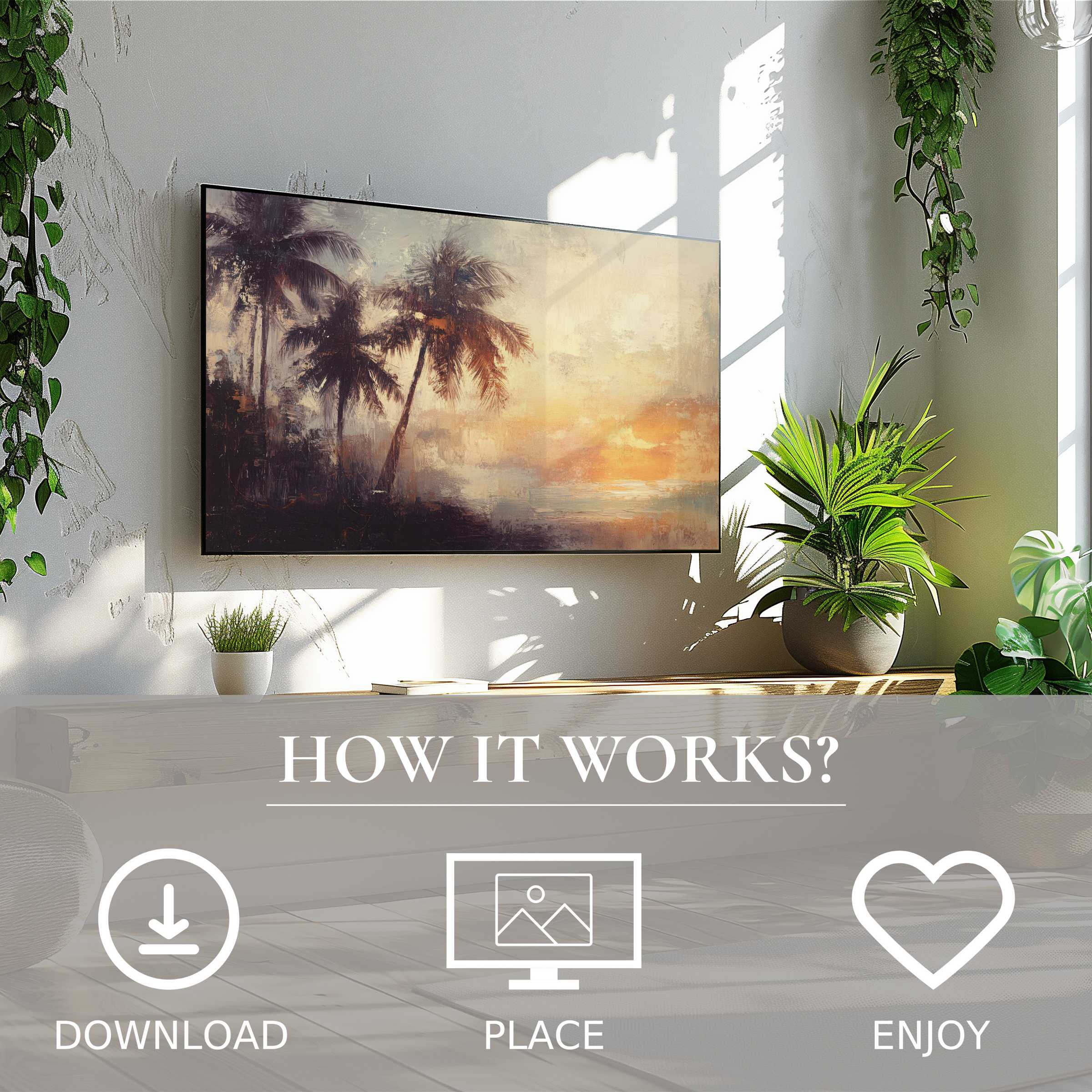Modern living space with beach art for Samsung TV featuring soft sunset tones; easy digital download enriches décor