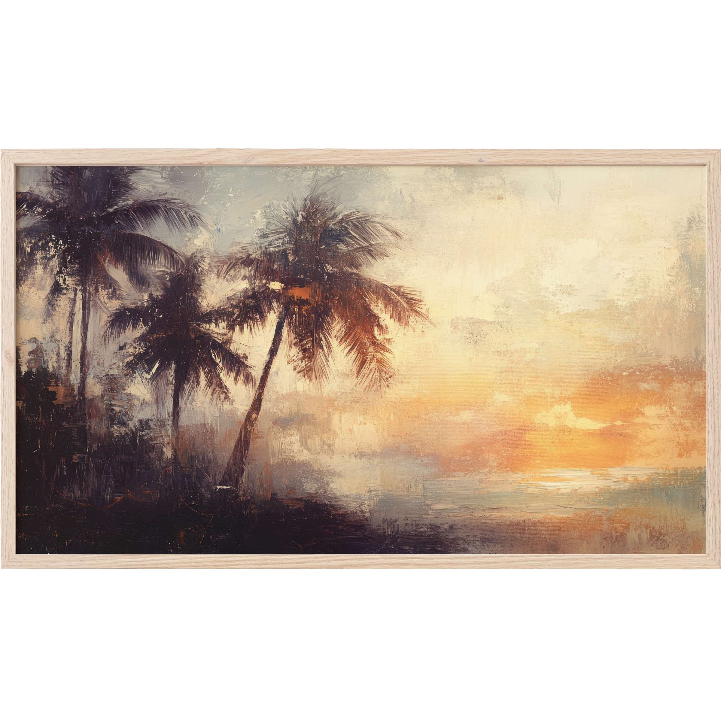 Moody palm silhouettes at sunset with warm oranges and soft grays in textured brushstrokes, beach Frame TV Art