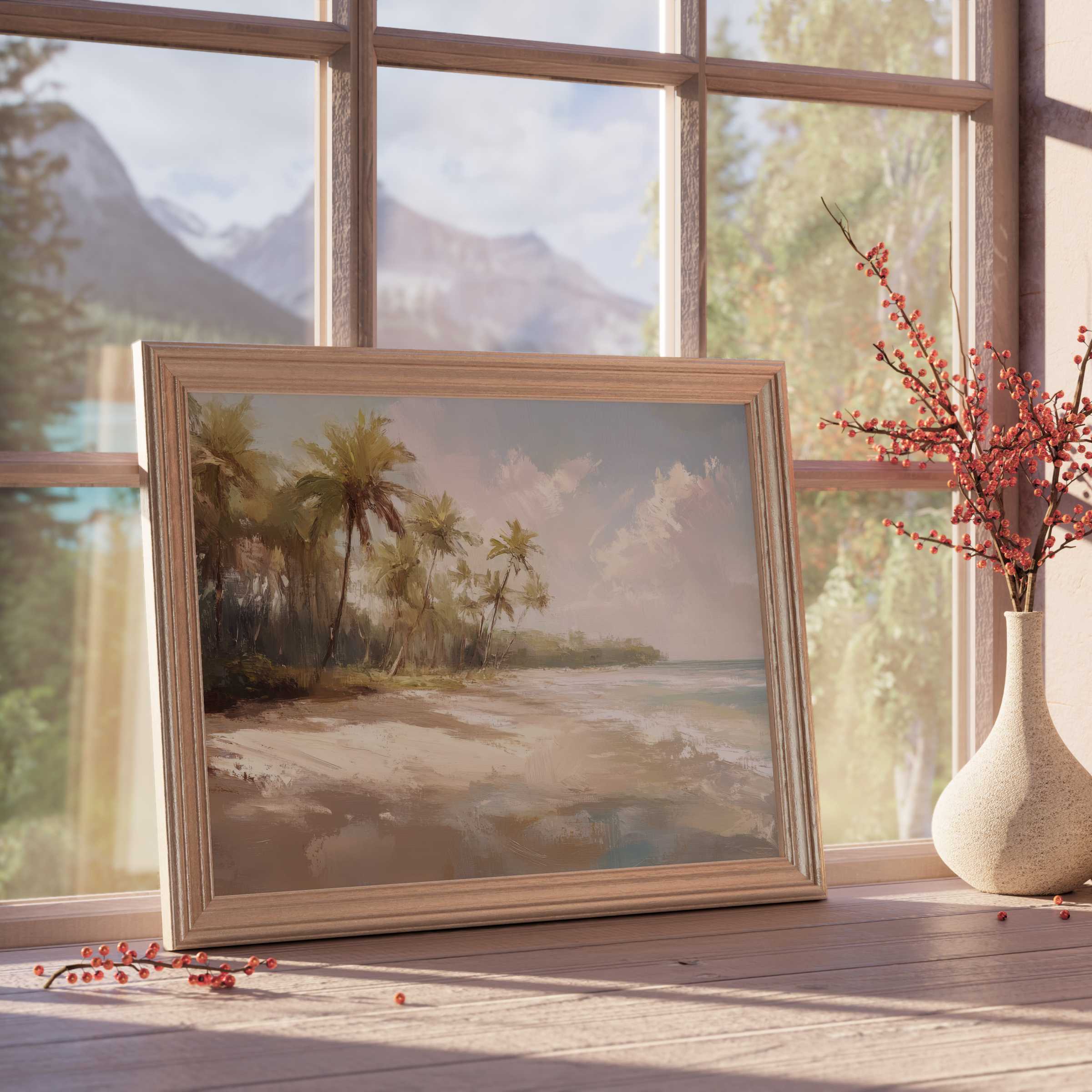 Coastal downloadable art capturing serene palm-fringed shores, framed elegance enhancing tranquil, curated modern interiors