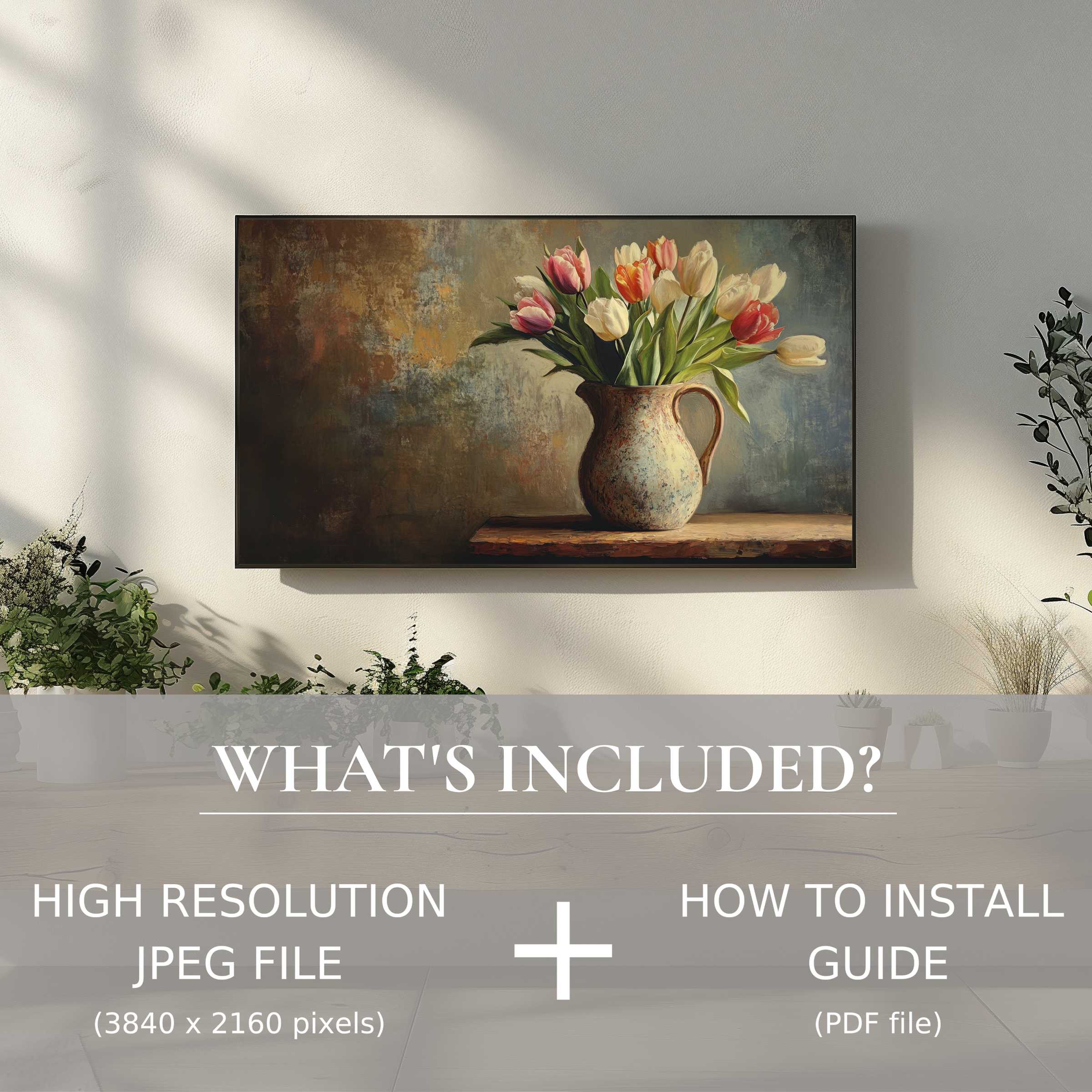Elegant easter digital TV art download of tulips in rustic vase enhances modern living spaces with easy digital use