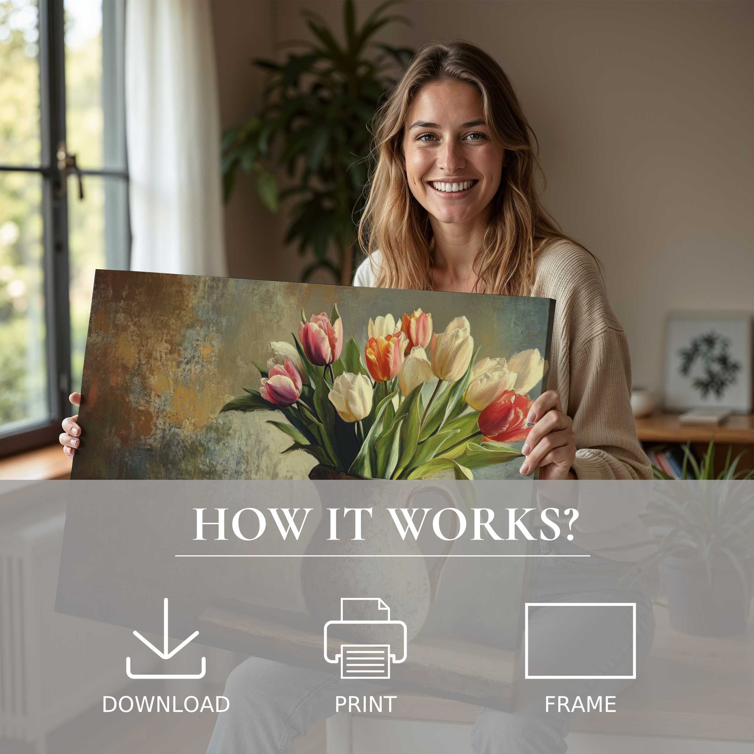 Radiant joy transforms a modern home as a woman embraces an Easter digital art print, blossoming with delicate tulip hues