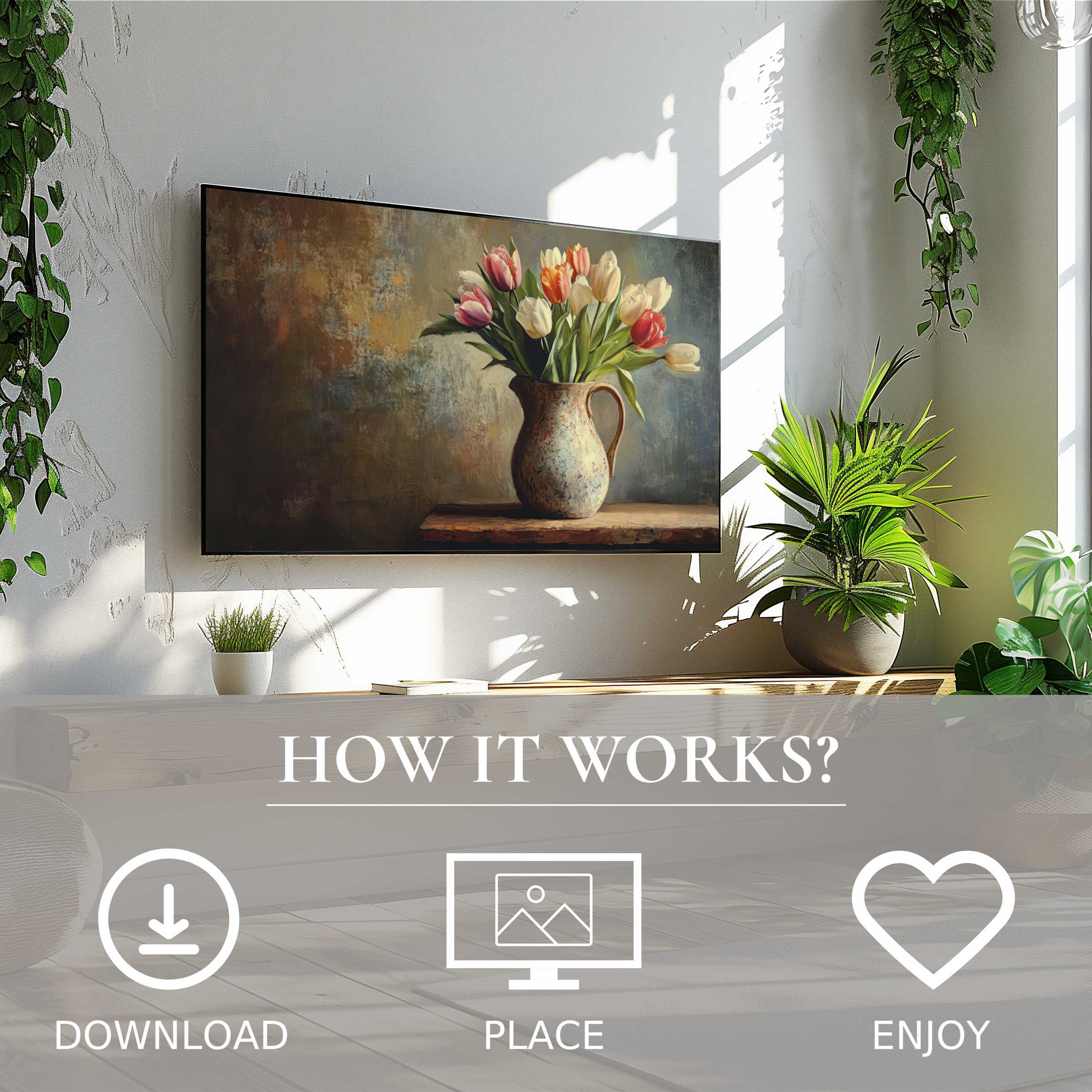 Modern living room with easy digital download; easter art for Samsung TV shows soft floral tones enriching space