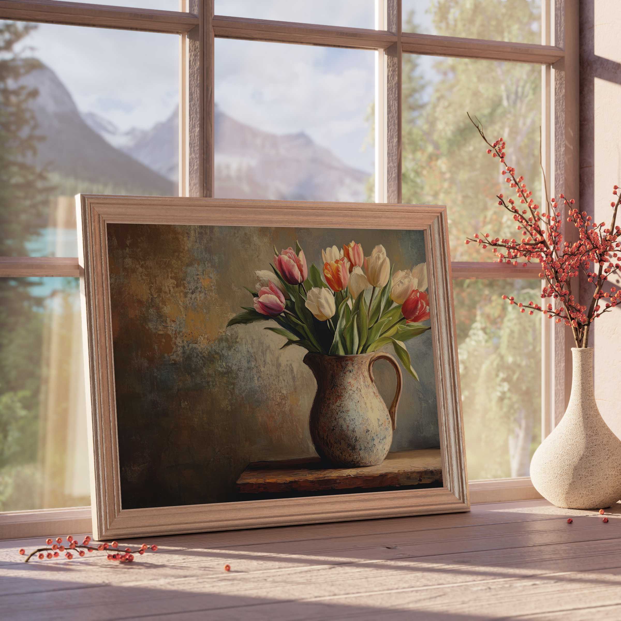 Elegant easter downloadable art with soft tulips in rustic vase, infusing tranquil, curated interiors with timeless spring charm