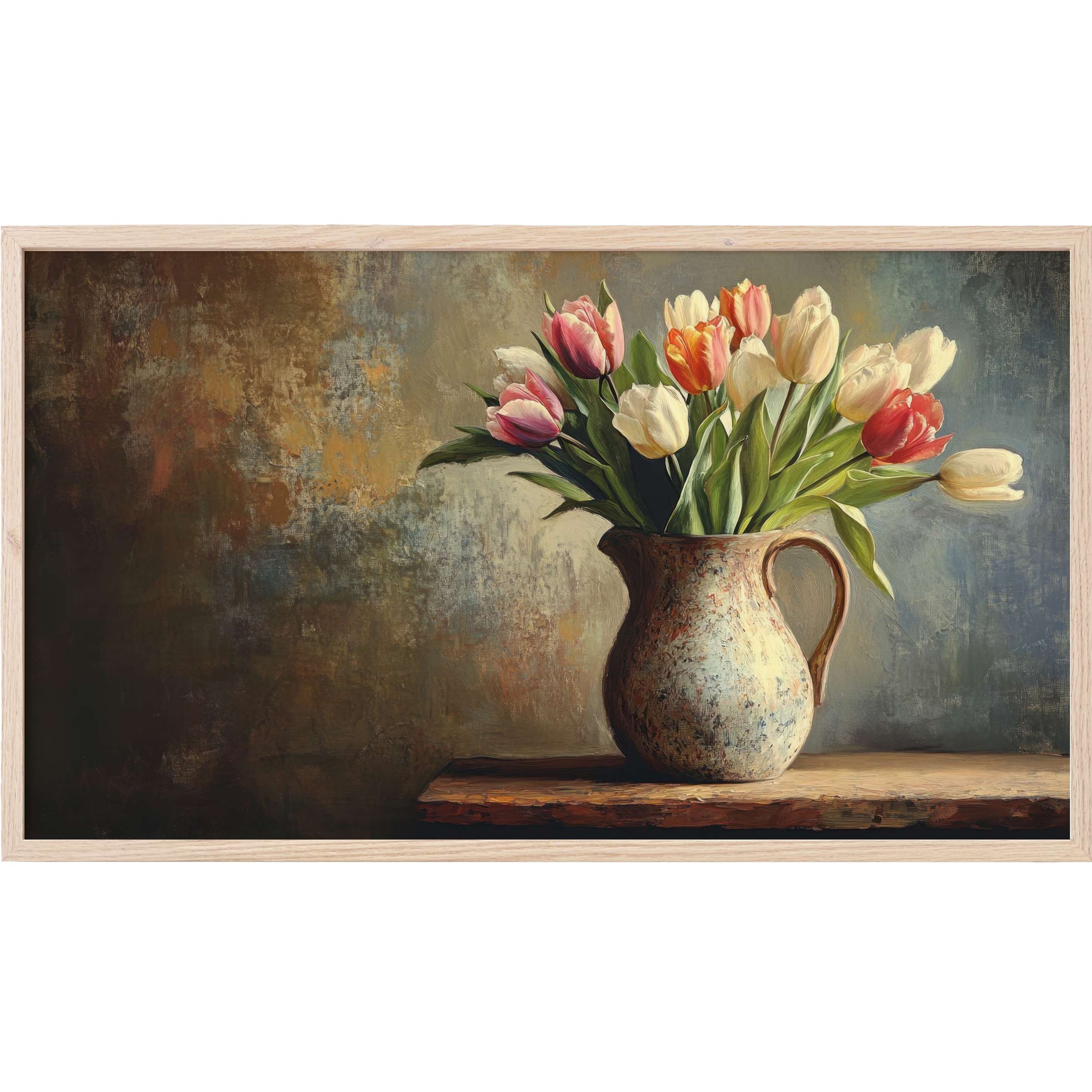 Elegant still life of tulips in a textured ceramic vase with warm earth tones, perfect easter Frame TV Art