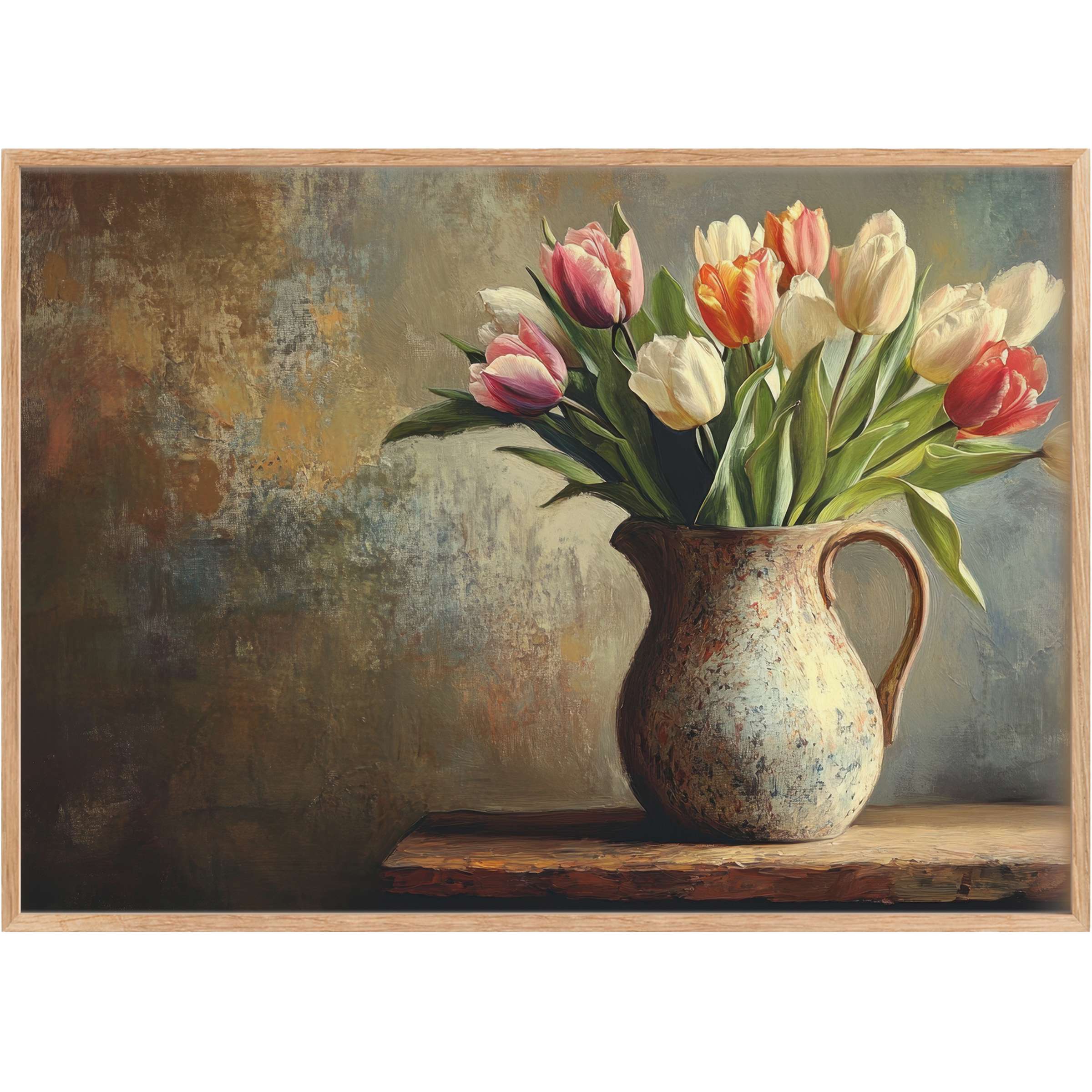 Rustic elegance blooms in this easter printable wall art featuring soft pink, cream, and coral tulips in a textured ceramic pitcher, casting a warm, serene glow