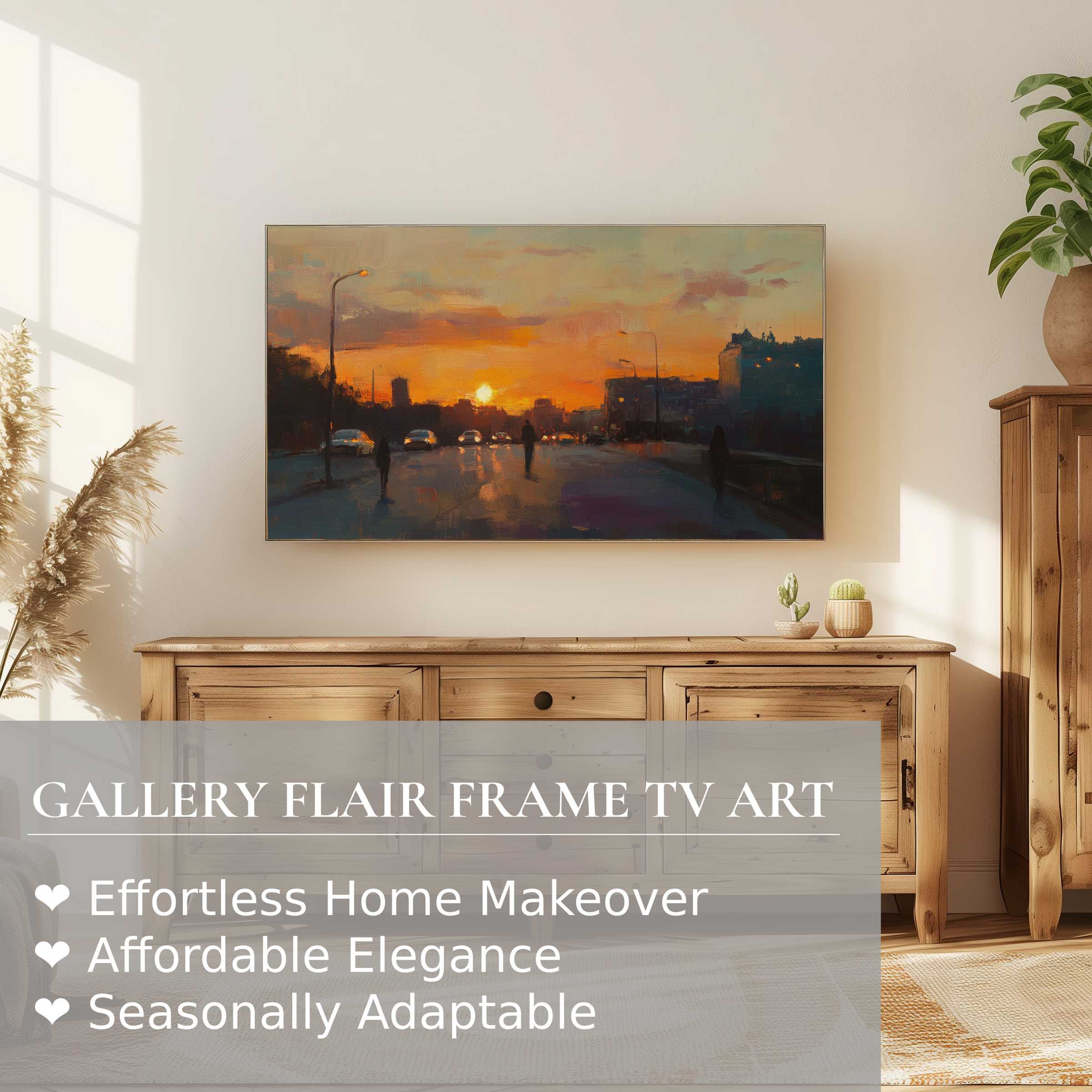 Samsung Frame TV showcasing warm urban digital artwork of a sunset cityscape in a serene, elegant living space