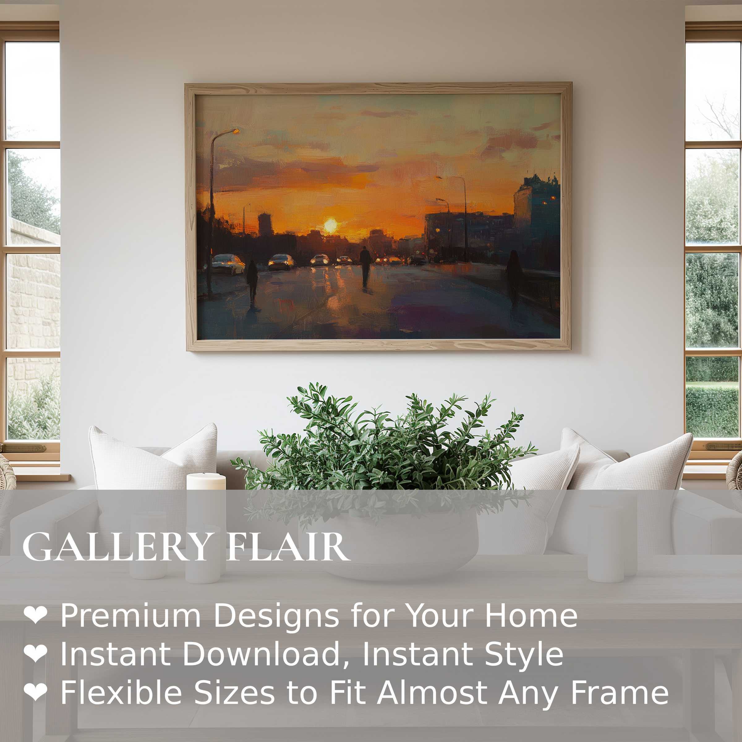 Urban art wall art print capturing a radiant sunset cityscape with glowing lights and silhouettes, enhancing modern minimalist interiors with warm, bold ambiance