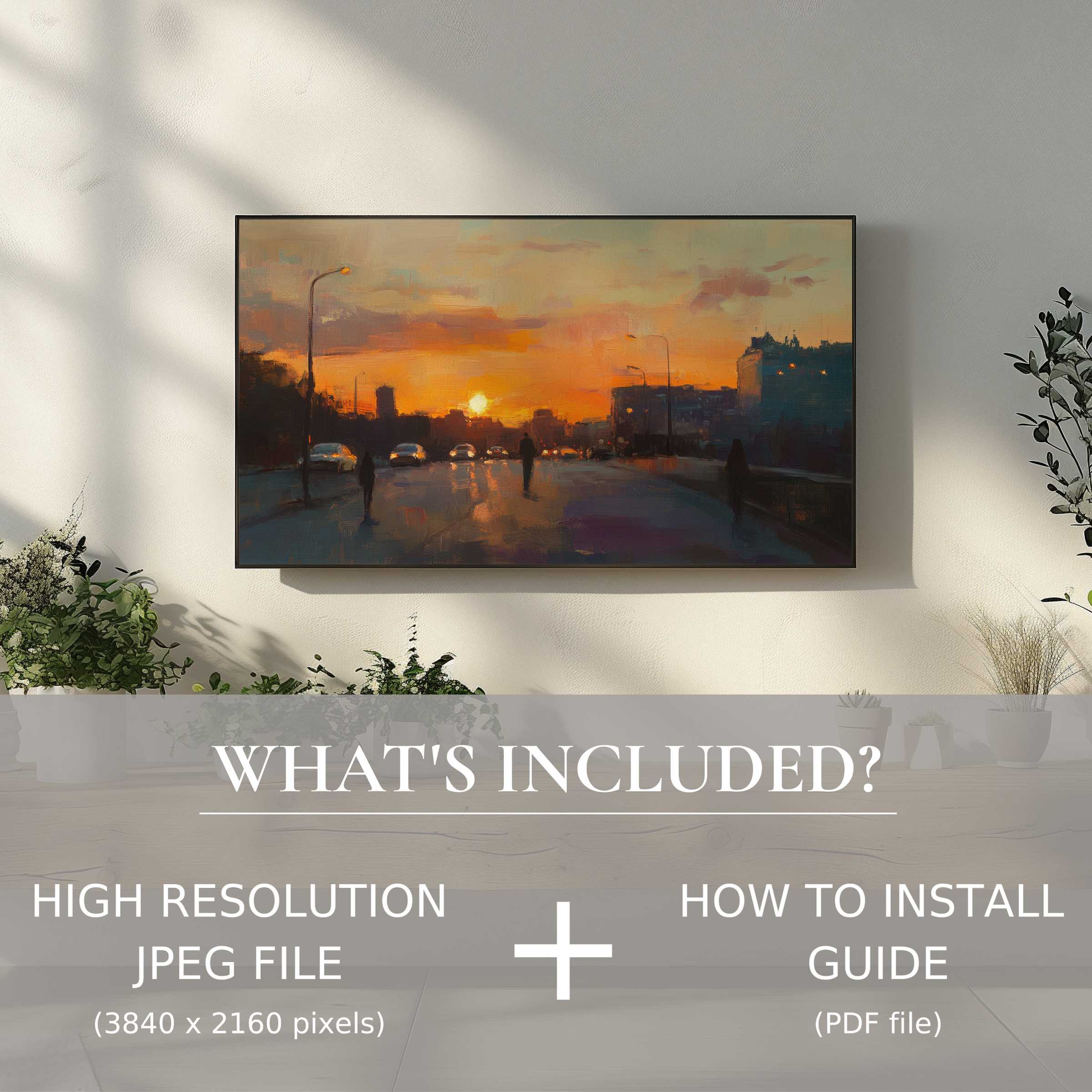 Elegant urban digital TV art download enhances living space with easy digital use, showcasing a sunset cityscape setting