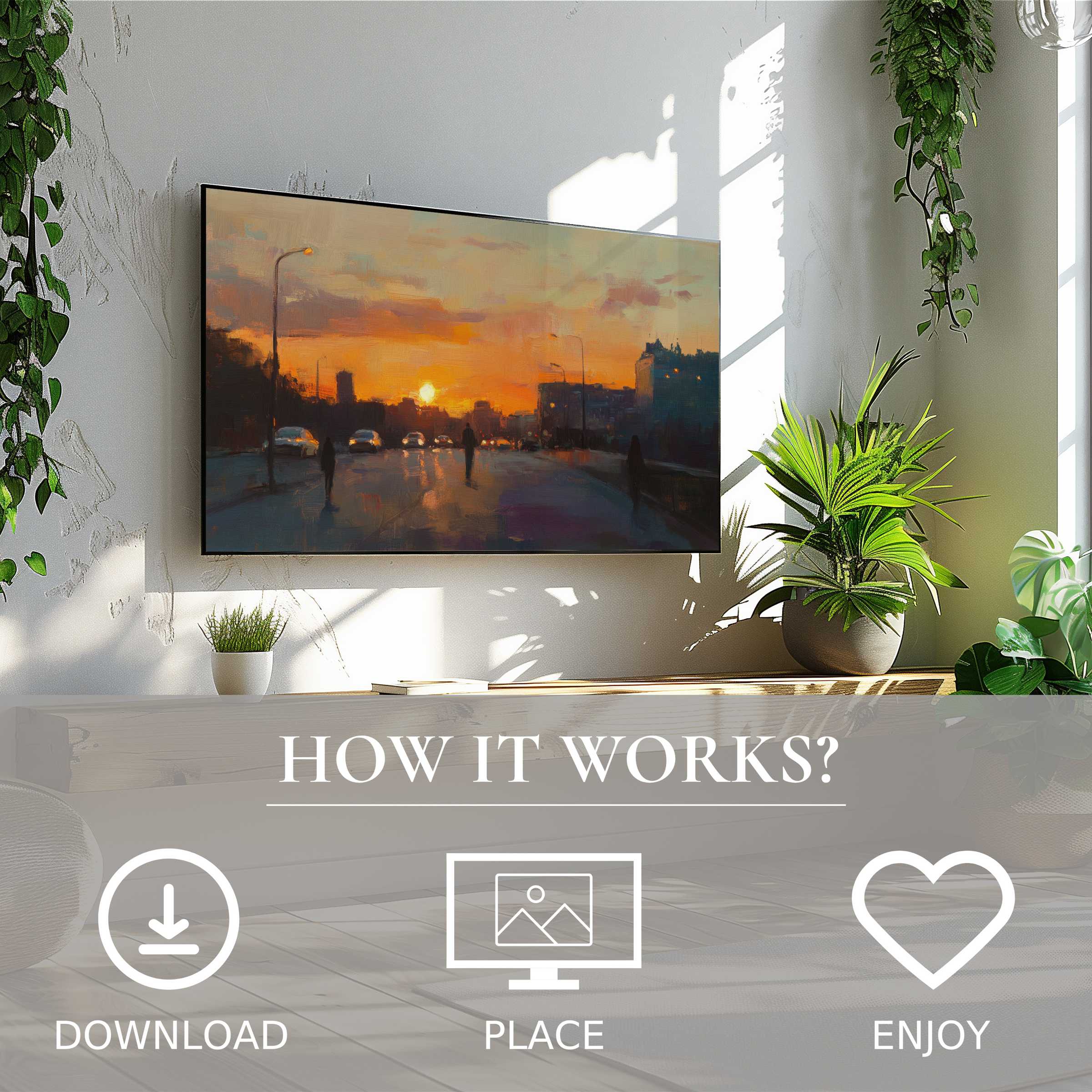 Urban art for Samsung TV shows a soft sunset tones motif; easy digital download enriches your modern living space