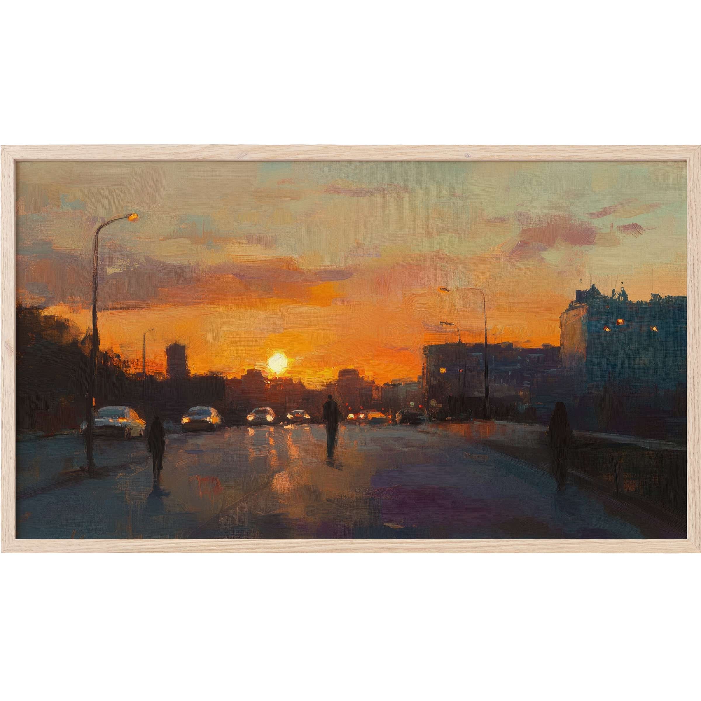 Urban Frame TV Art captures a moody city sunset in warm oranges and cool blues, with impressionistic brushstrokes