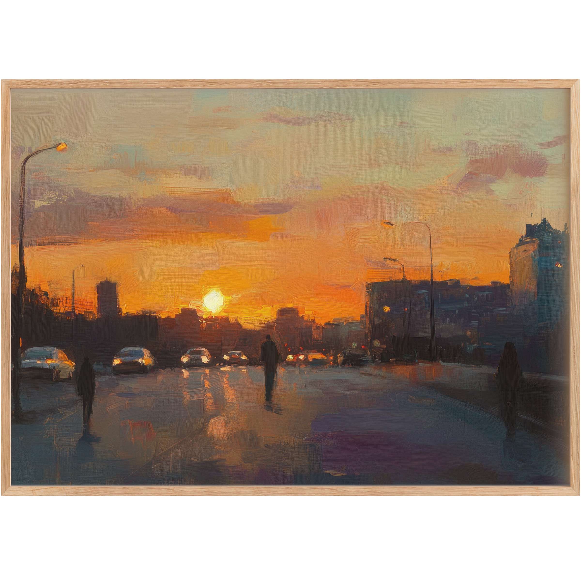 Urban printable wall art capturing a radiant, amber sunset over a city street, evoking serene twilight and contemplative calm