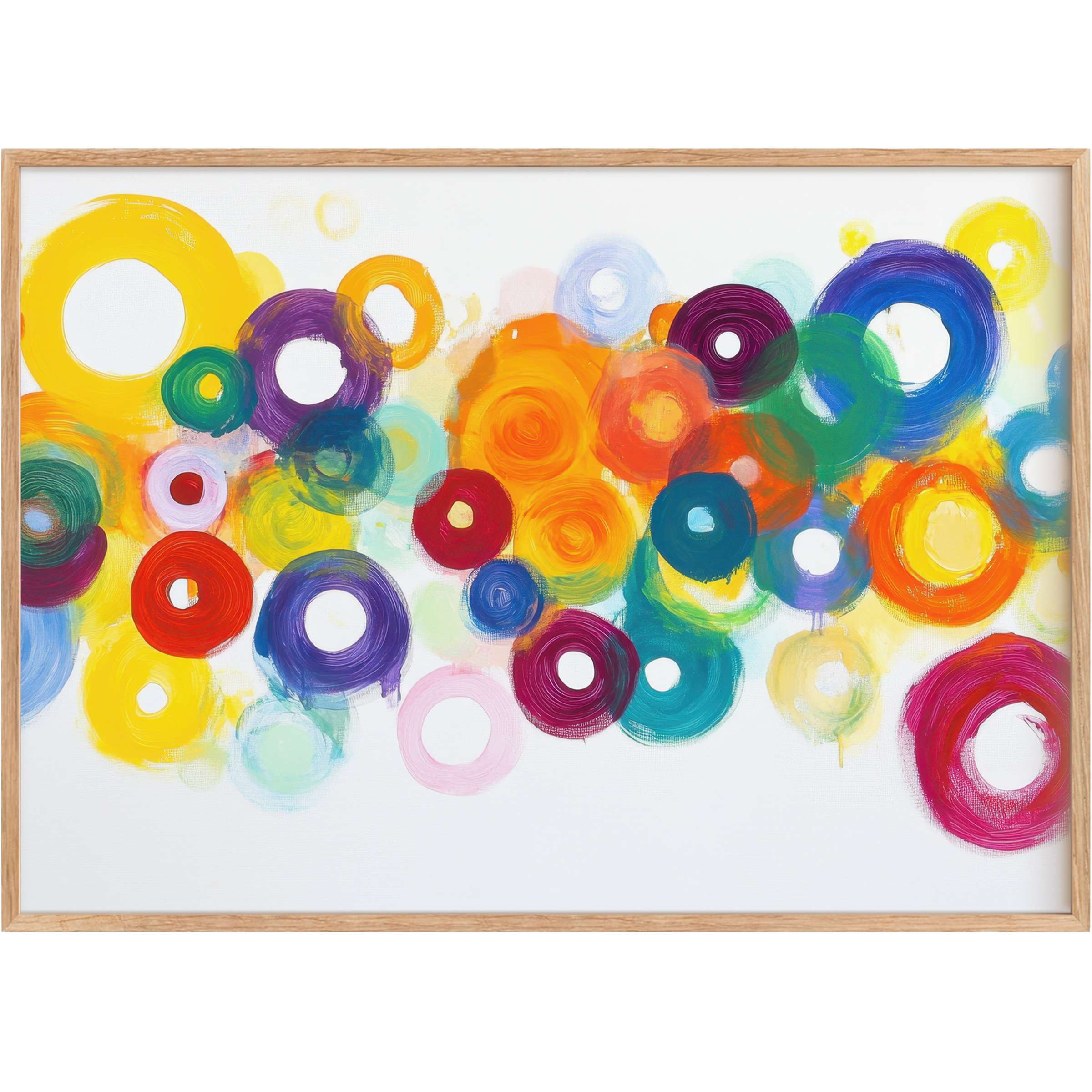 Vibrant abstract printable wall art featuring swirling circles in energetic yellows, blues, and reds, radiating joyful warmth and dynamic elegance