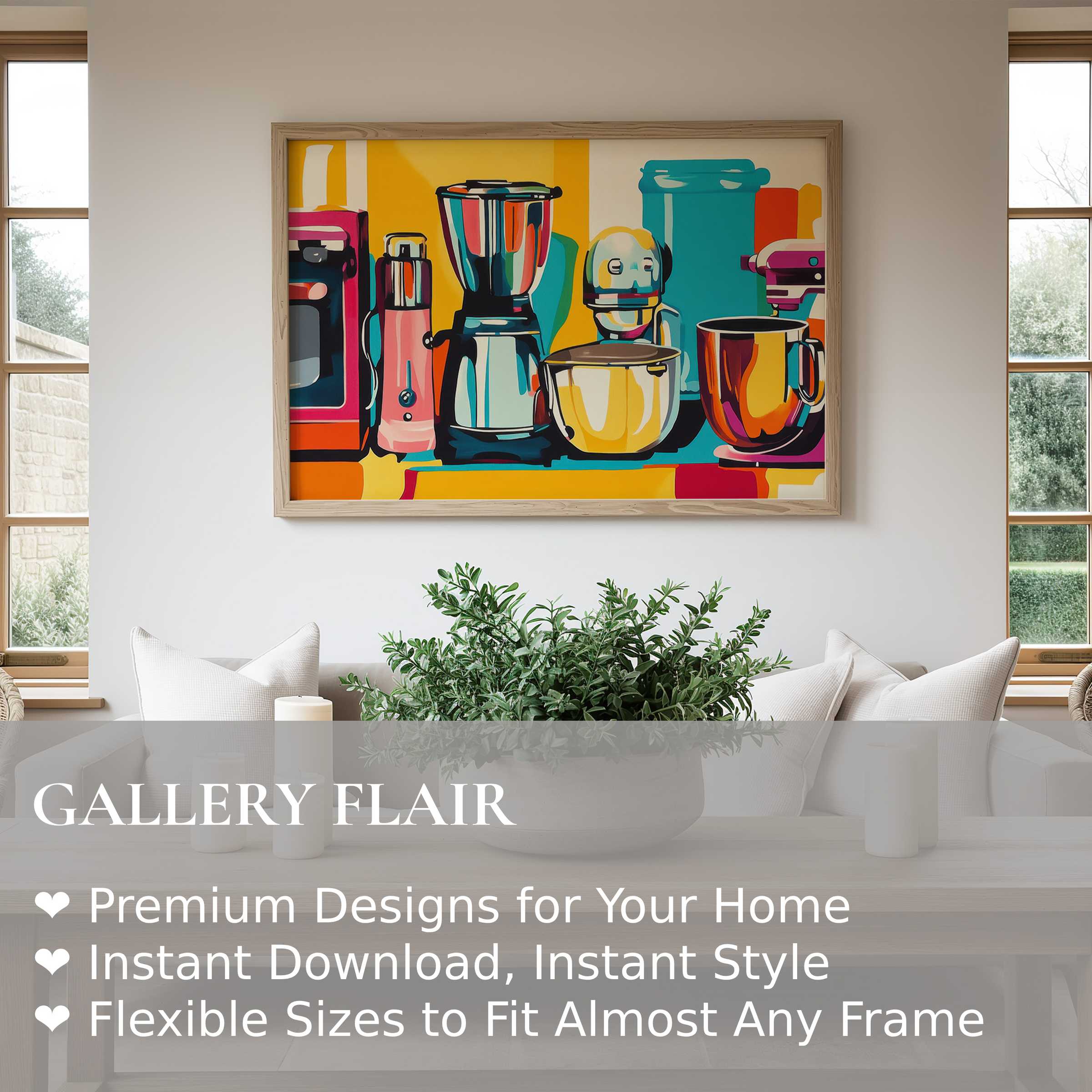 Vibrant pop art wall art print featuring colorful kitchen appliances, radiating bold energy in a modern minimalist living space