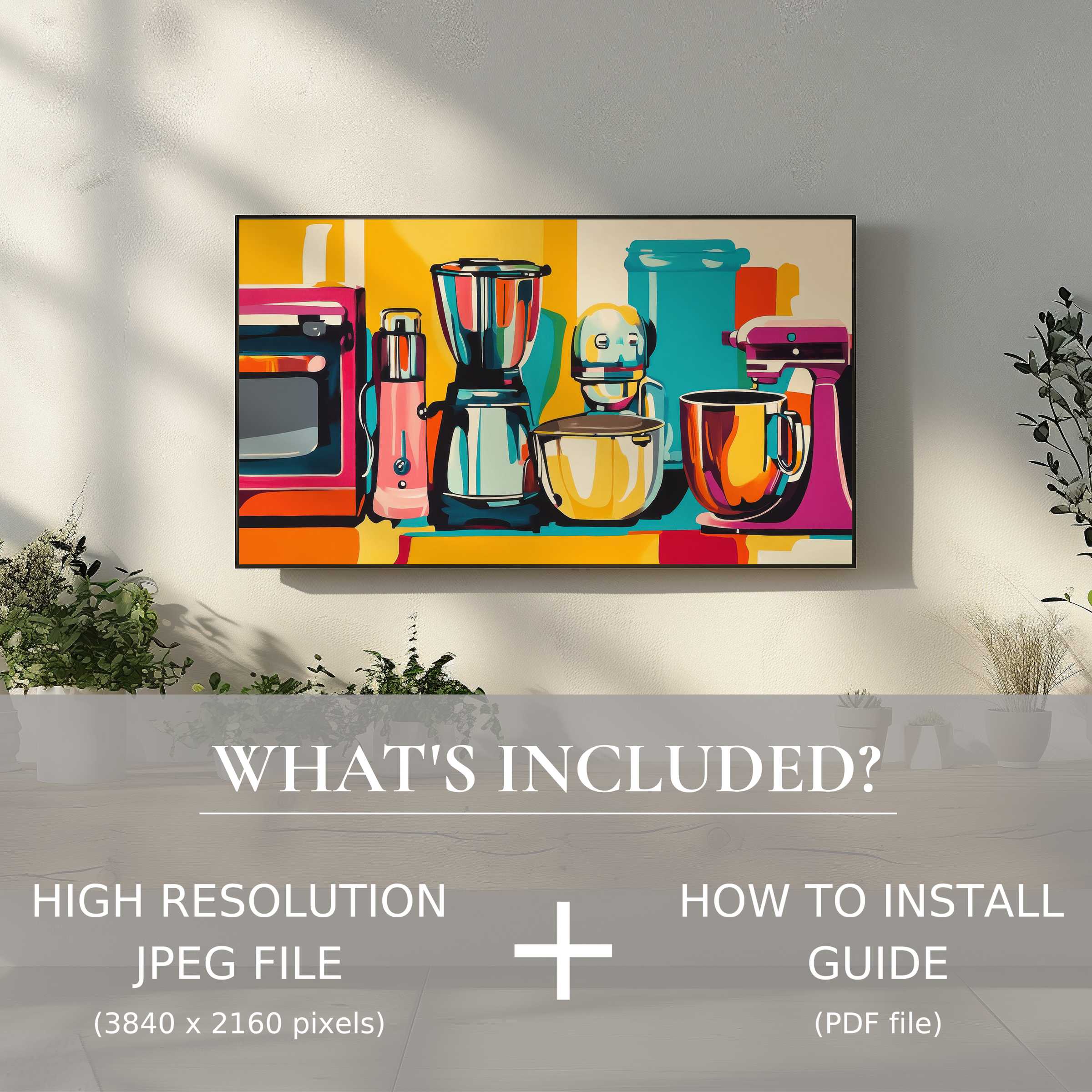 Elegant pop art digital TV art download in modern living room, easy digital use enhances stylish home ambiance