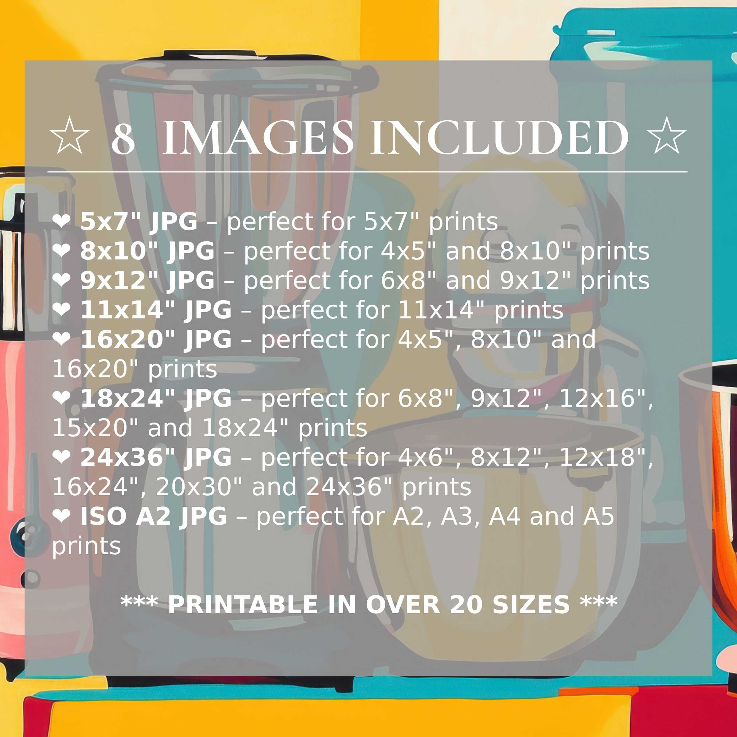 Radiant pop art digital print with bold turquoise, orange, and yellow hues, elevating modern interiors with 8 high-res sizes included