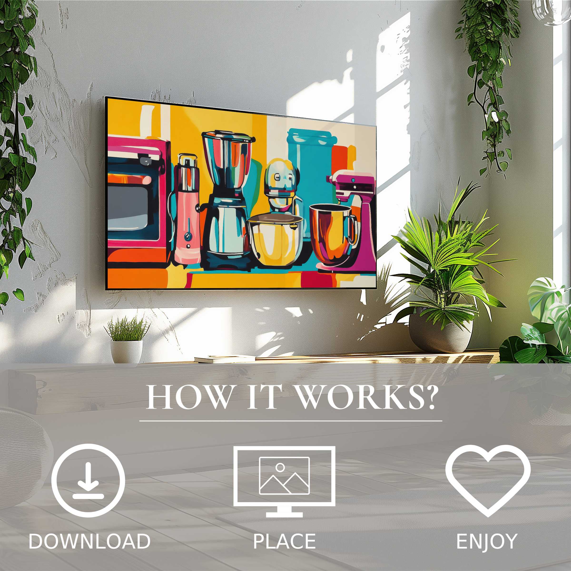 Pop art art for Samsung TV with vibrant kitchen motif, easy digital download, enhances stylish living spaces instantly