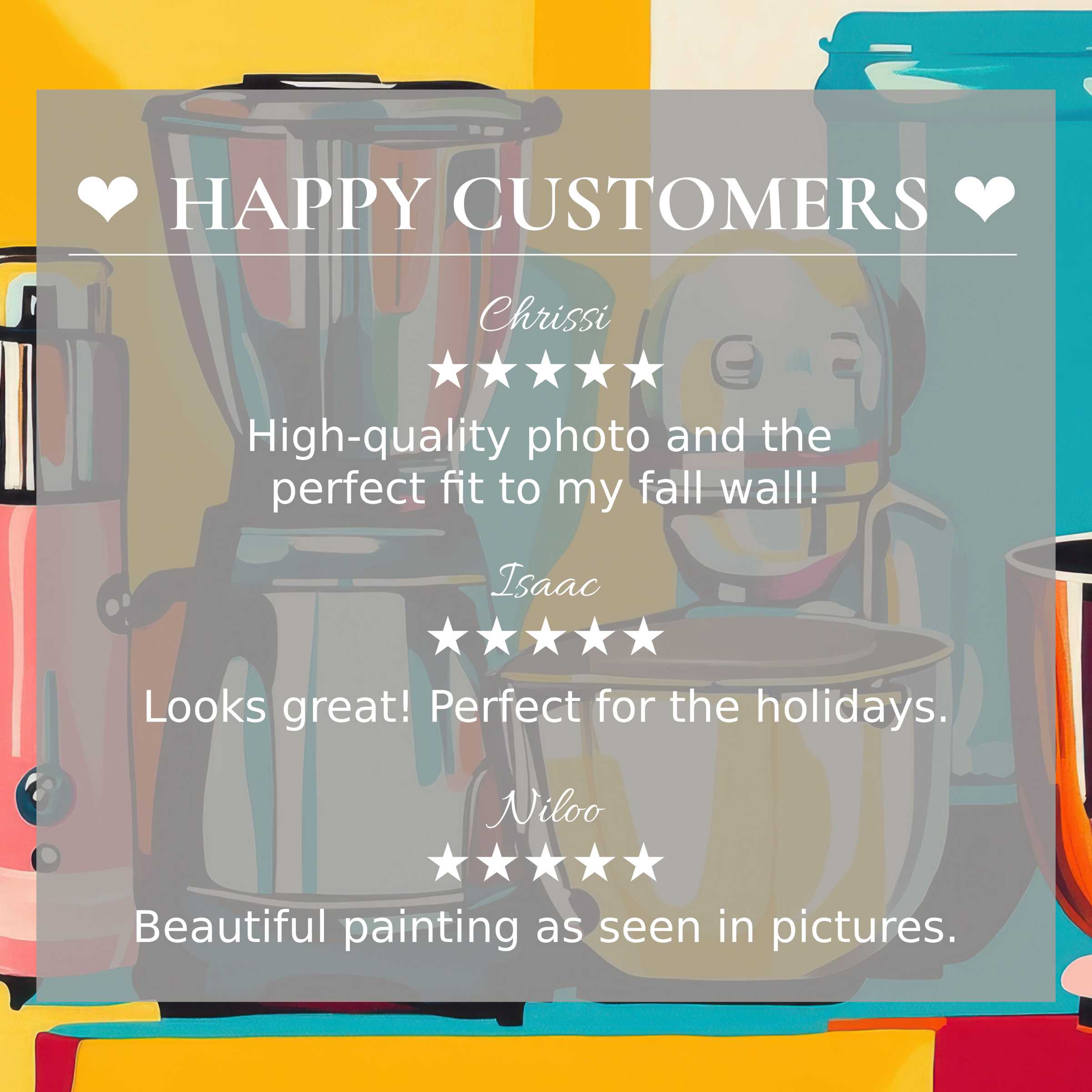 Pop art for Frame TV with abstract sunset colors, featuring happy customer reviews and elegant, trusted design