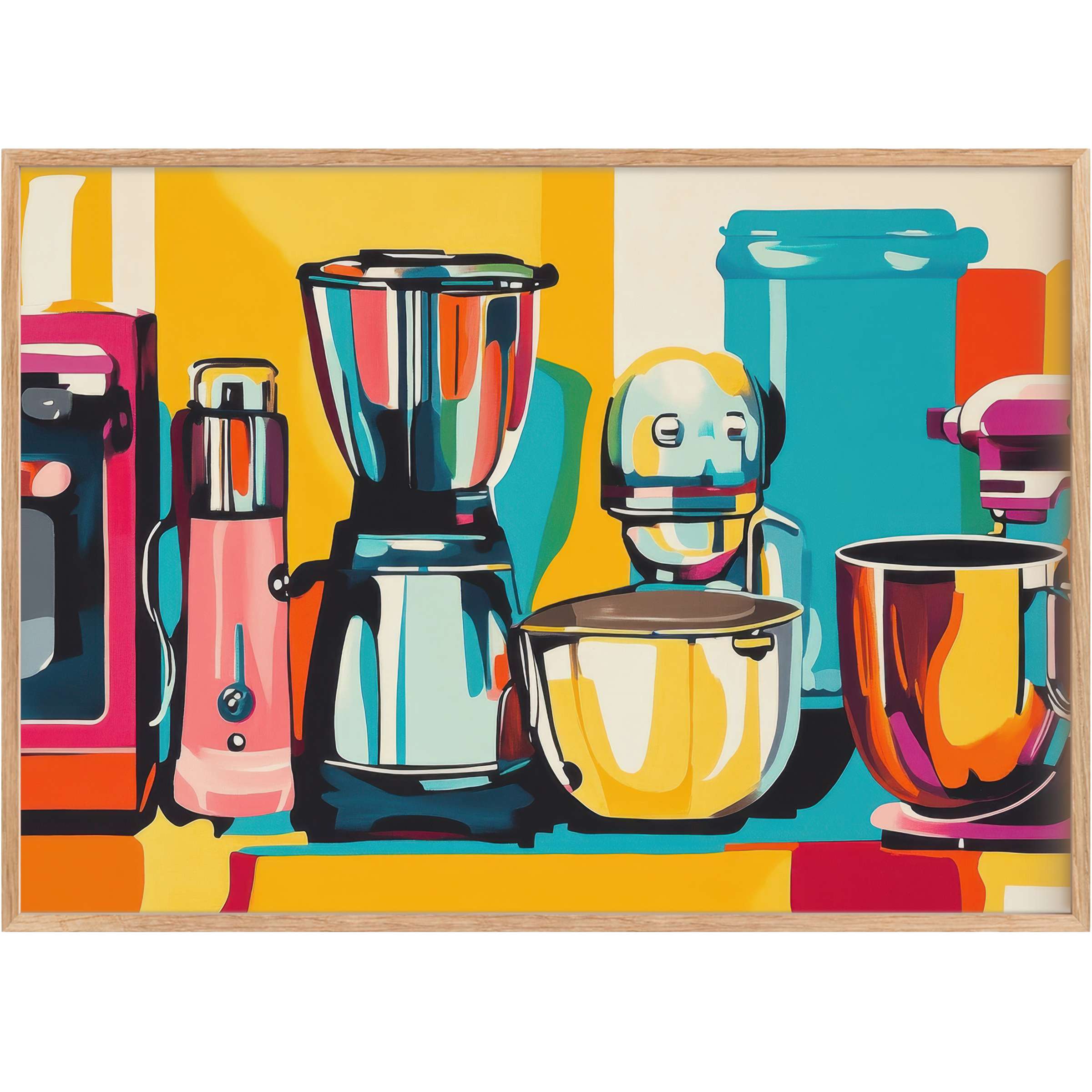 Vibrant pop art printable wall art featuring bold kitchen appliances in rich yellows, blues, and pinks, energizing sophisticated spaces