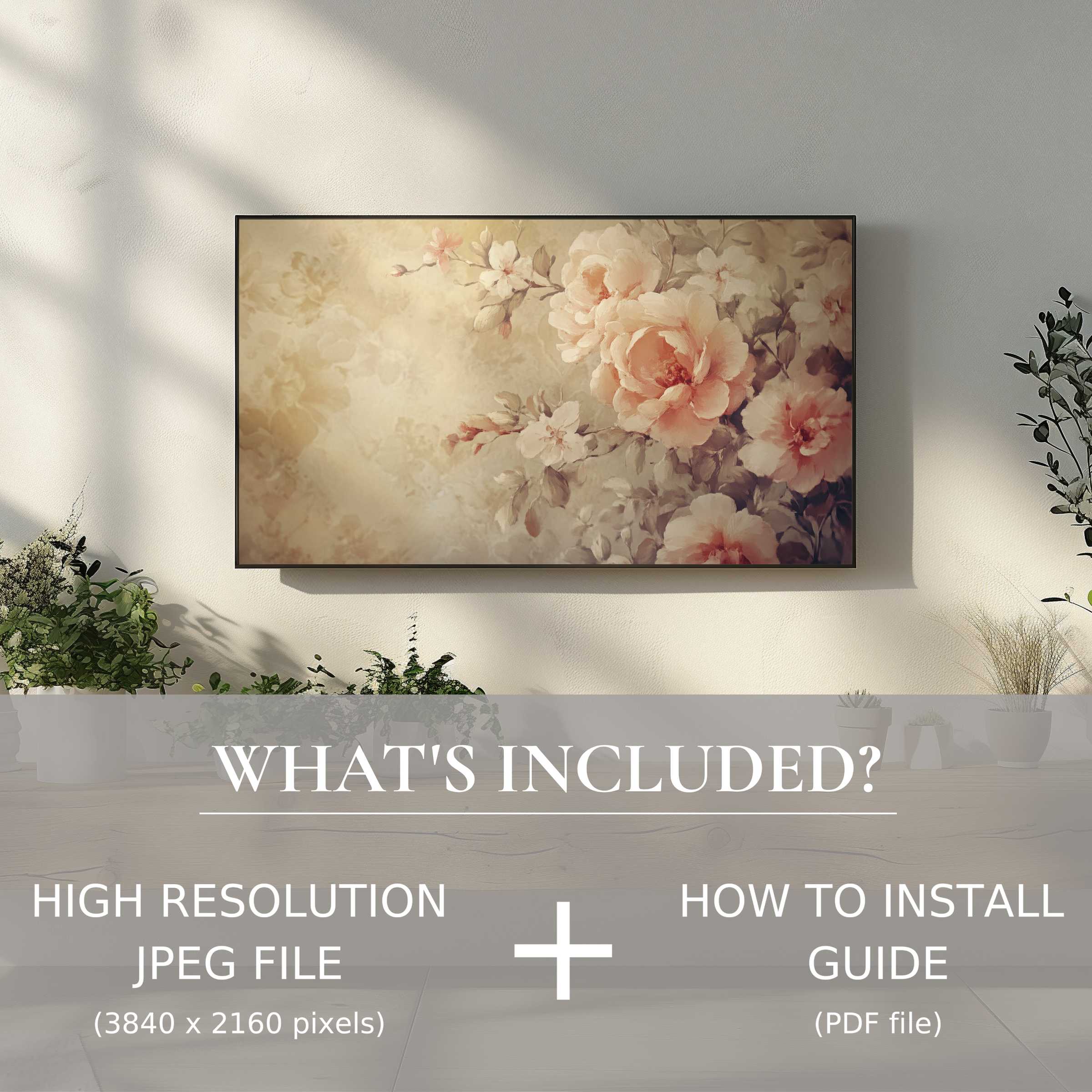 Elegant botanical digital TV art download brightens chic living space with easy, stylish digital use and timeless floral design