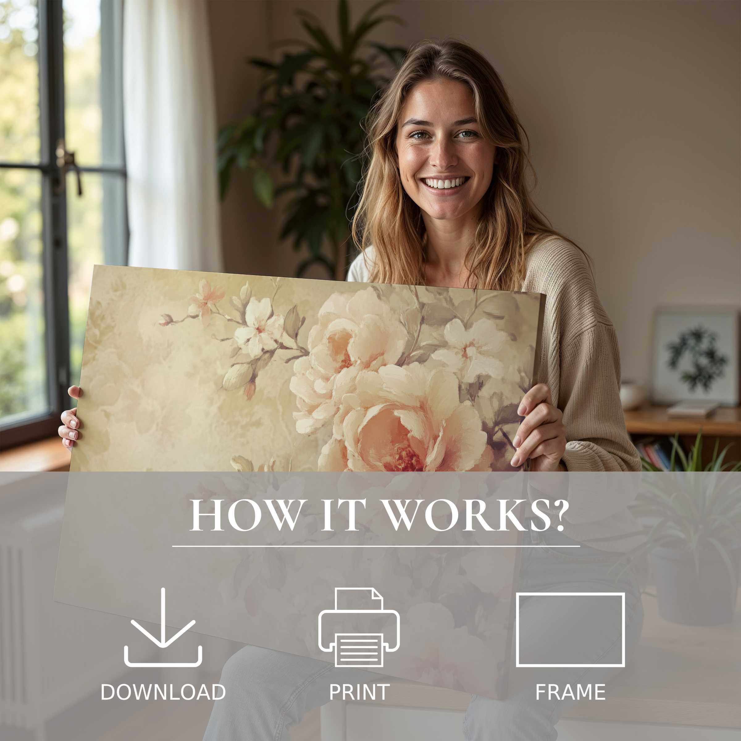 Warm natural light fills a modern home where botanical digital art print brings serene joy and effortless elegance to living spaces