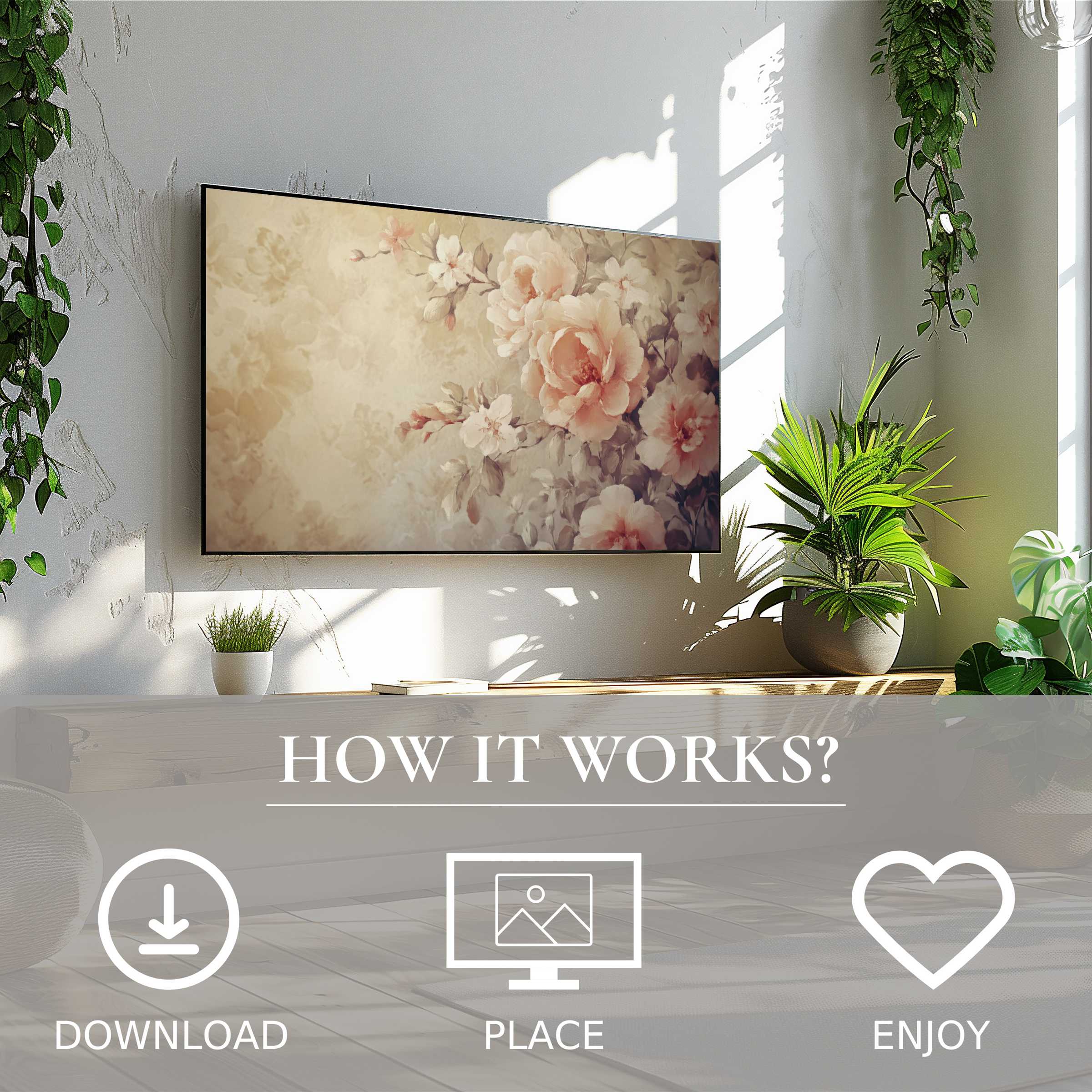 Botanical art for Samsung TV shows soft peach floral motif on Frame TV; easy digital download enriches modern living spaces