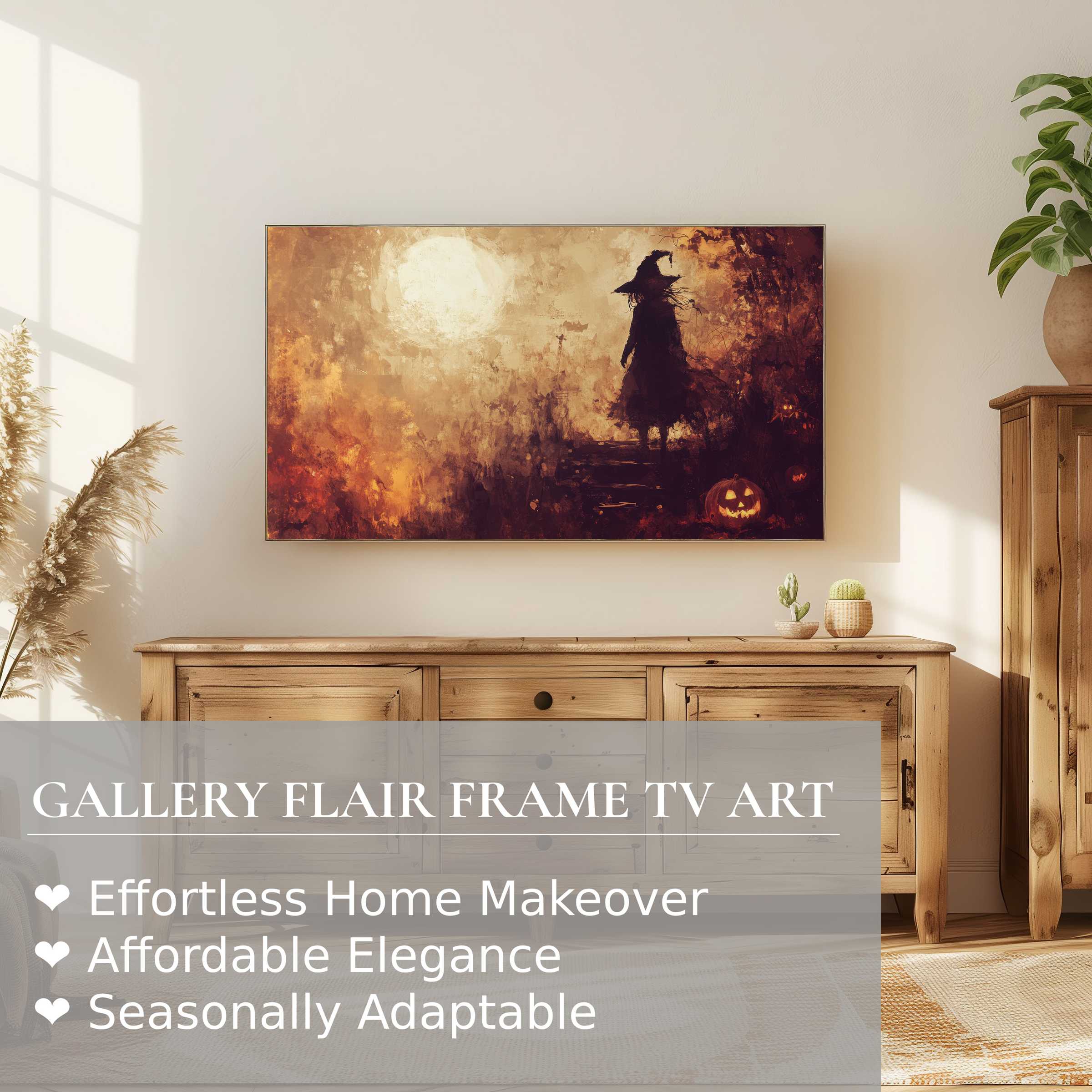 Elegant Halloween digital artwork on Samsung Frame TV showcases a moody witch scene, perfect for refined home decor