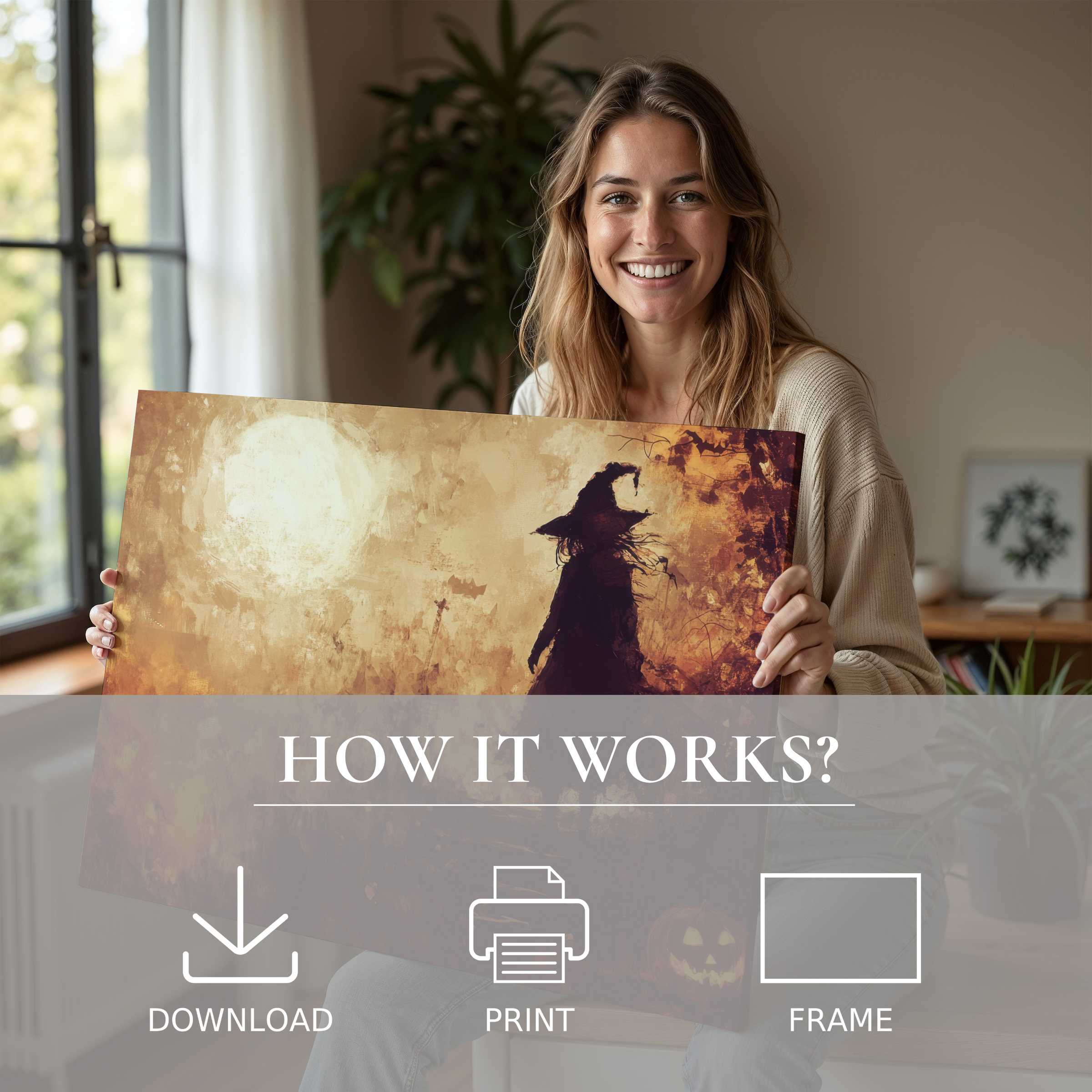 Radiant joy and intimate connection illuminate this moment with a Halloween digital art print, inviting timeless warmth into stylish modern decor