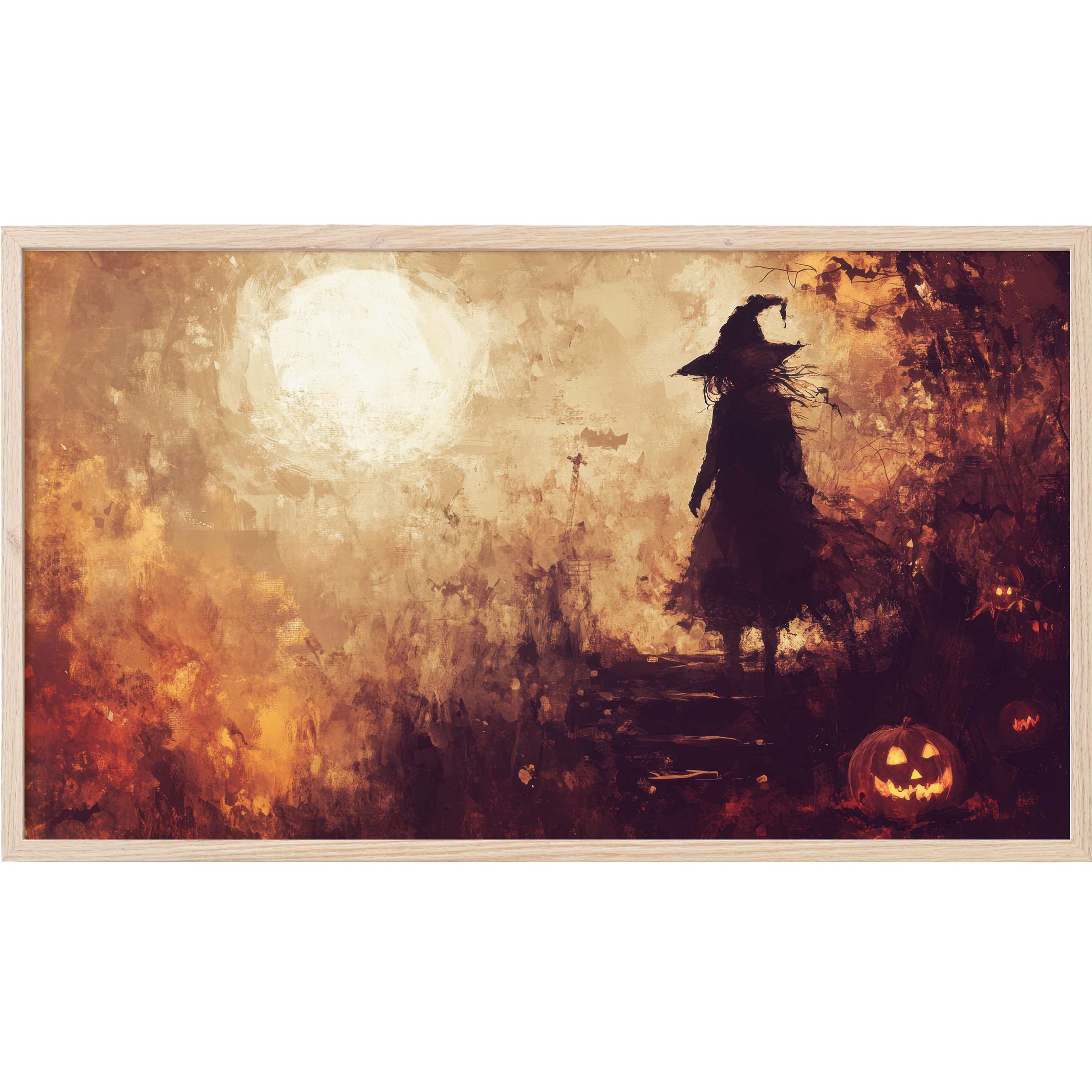 Ethereal silhouette of a witch by glowing jack-o’-lanterns in warm amber hues, halloween Frame TV Art