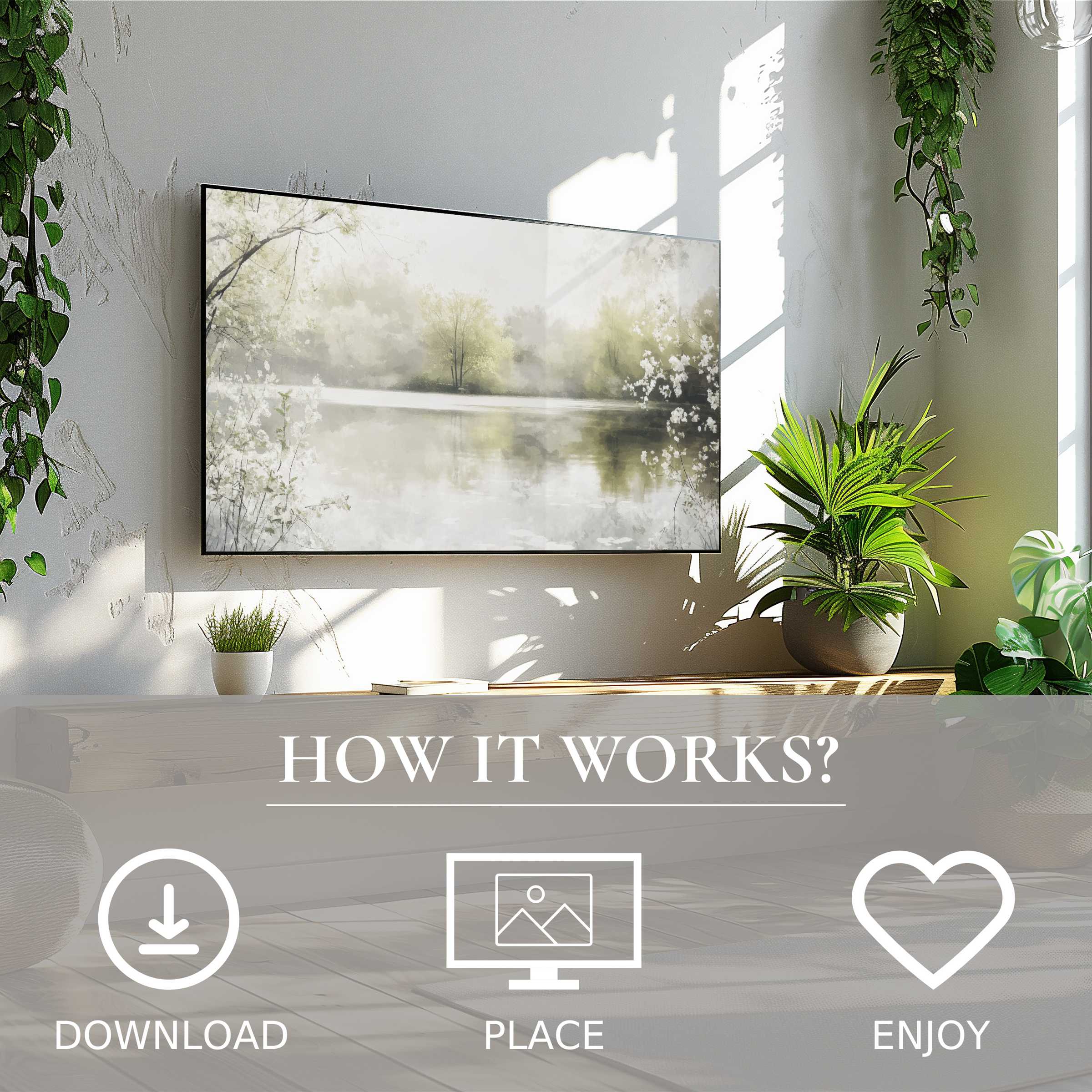 Spring art for Samsung TV shows soft misty lake tones; easy digital download enriches this bright, modern living space