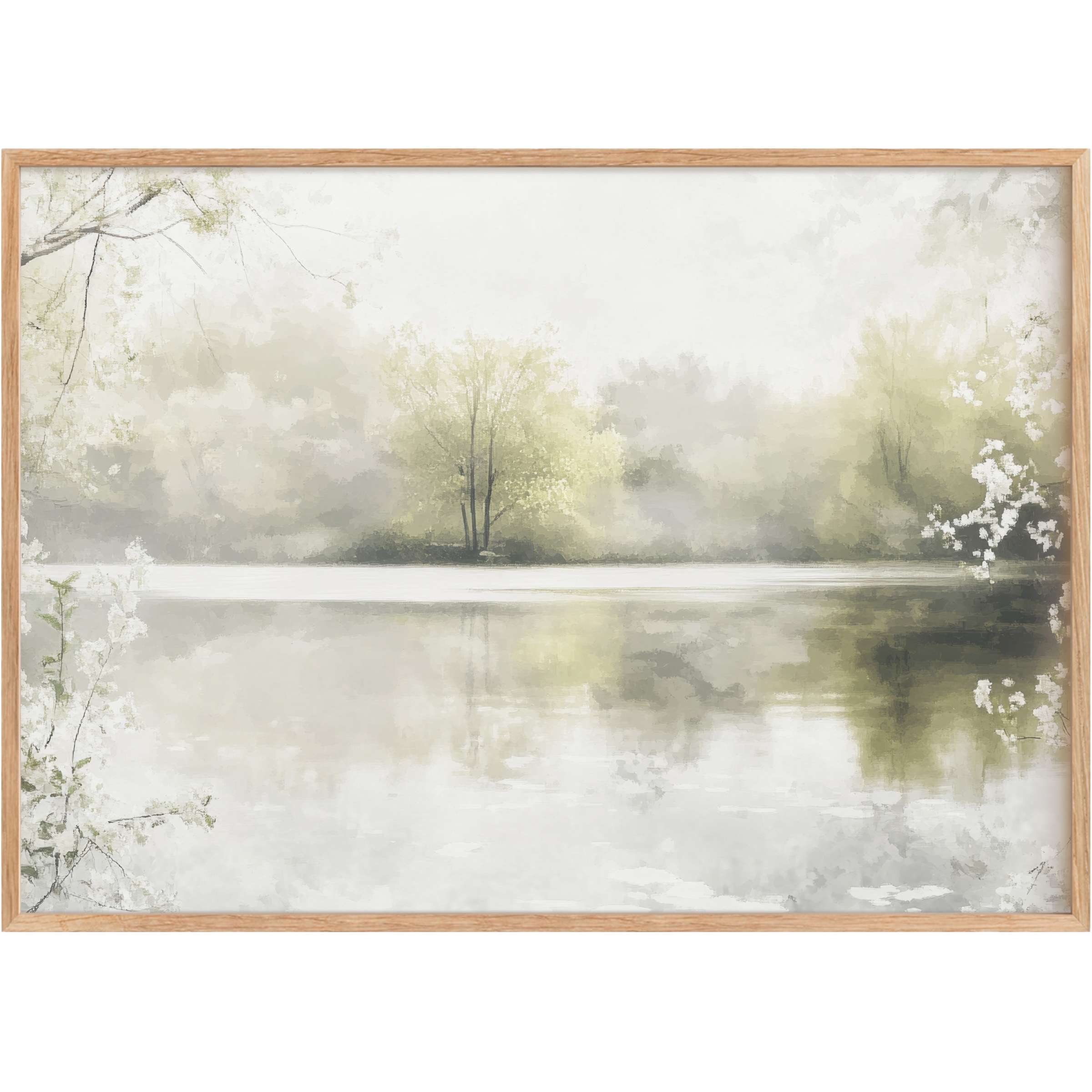 Serene spring printable wall art captures misty waters and soft green blooms, evoking calm and elegant renewal in chic interiors