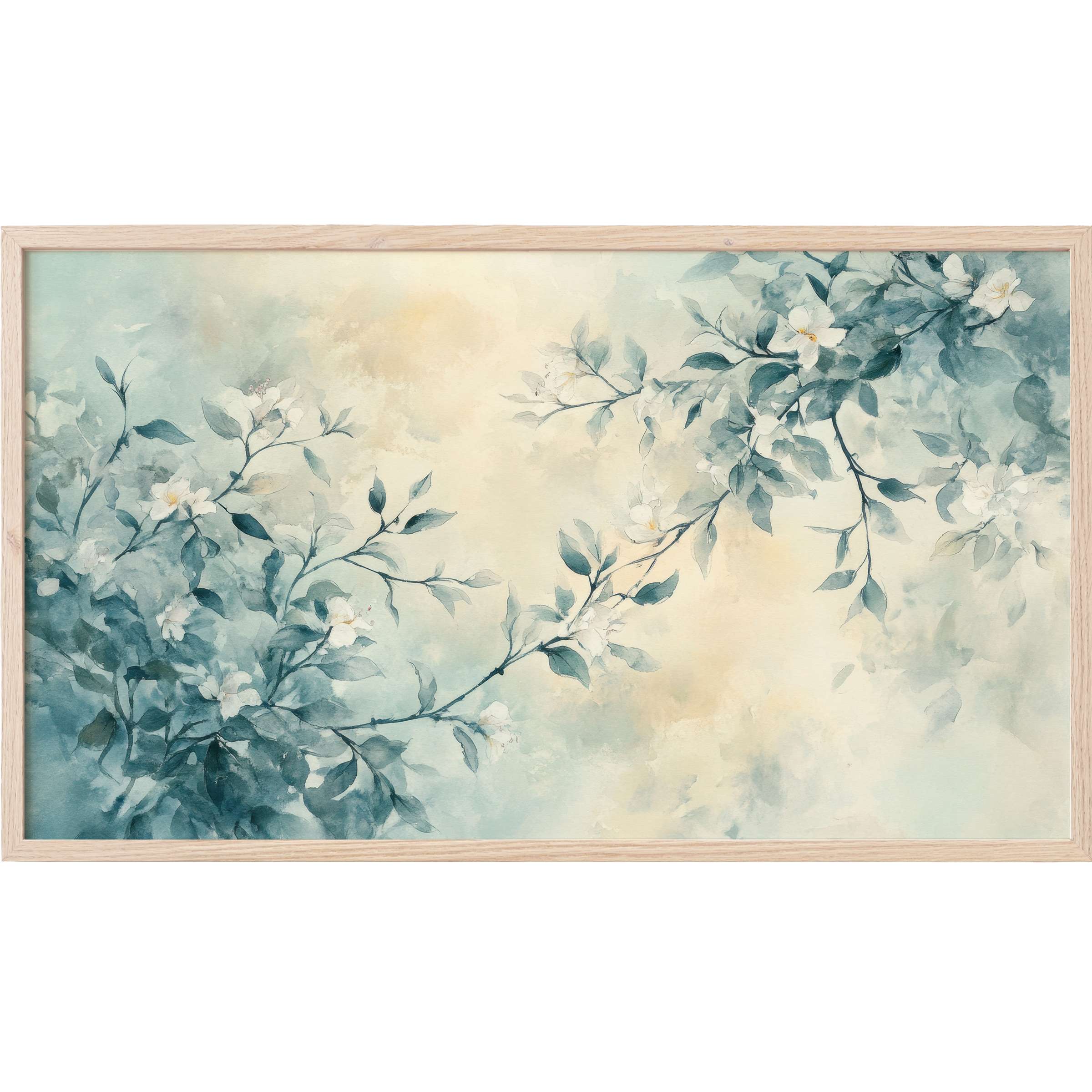 Floral Frame TV Art with soft blue-green leaves and white blossoms in a delicate, airy watercolor style