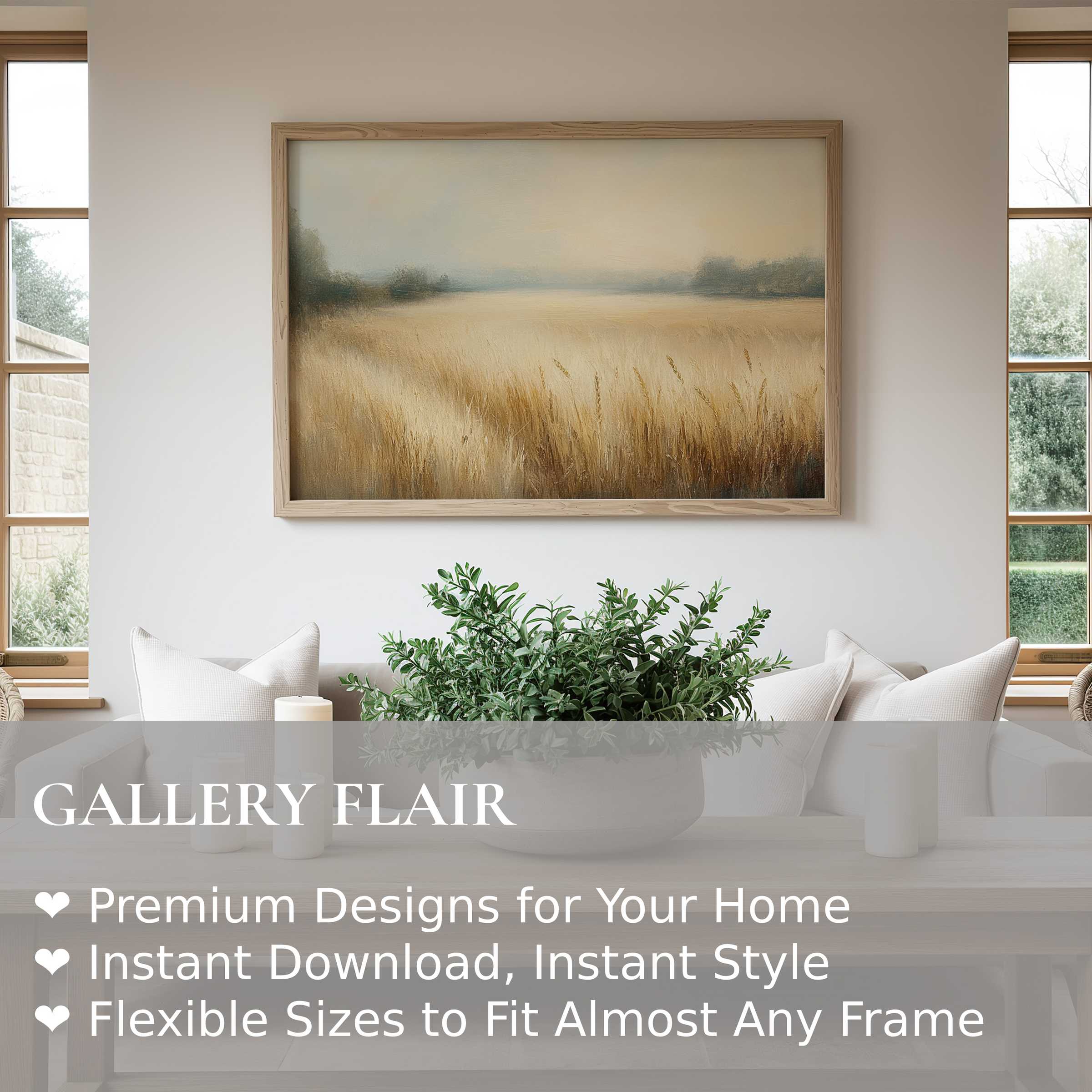Farmhouse wall art print featuring a serene golden wheat field, enhancing warm, modern rustic interiors with calming, natural elegance
