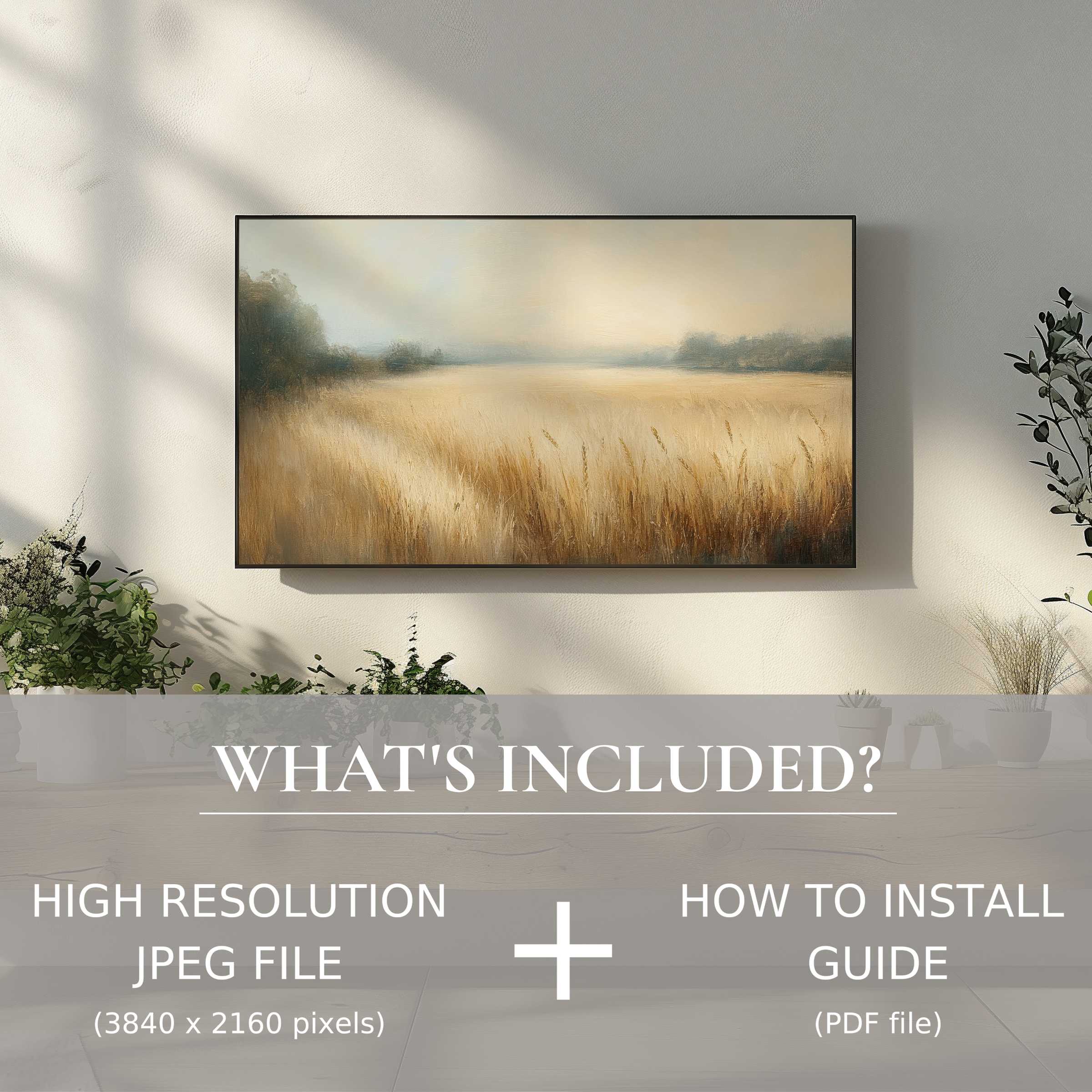 Elegant farmhouse digital TV art download enhances living room with effortless digital use and serene landscape charm