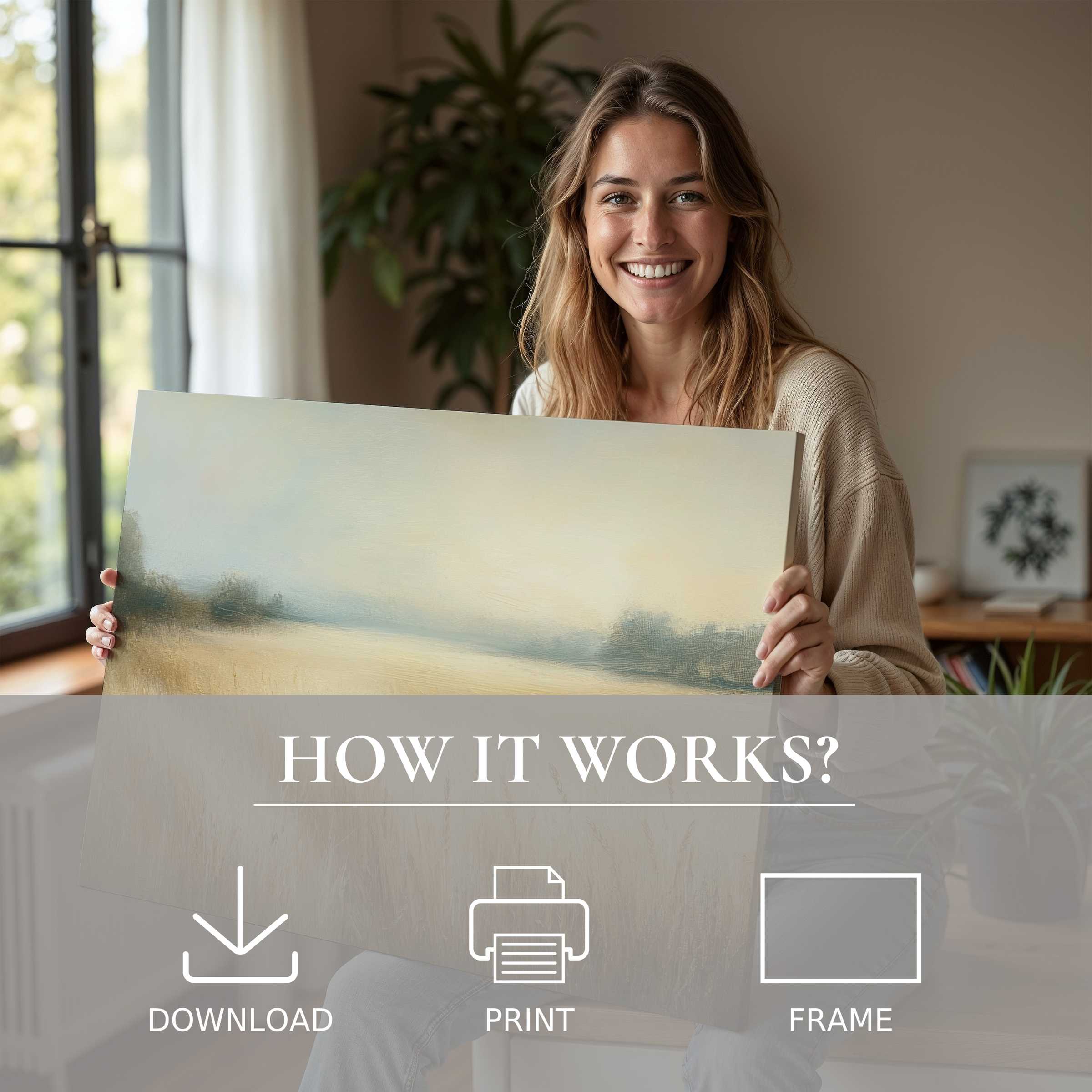 A serene farmhouse digital art print embraced with joy in a sunlit modern home, inspiring effortless elegance and connection