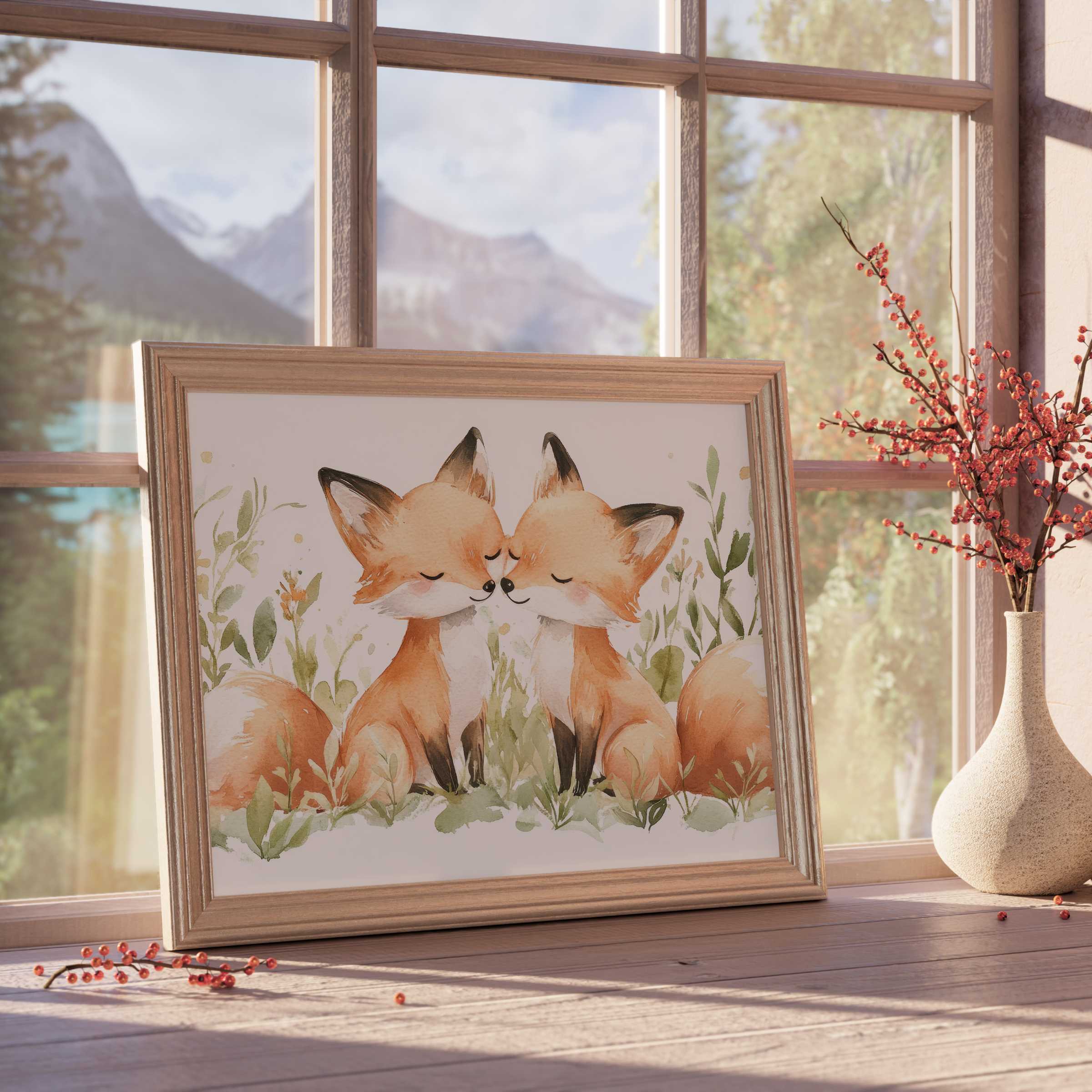 Charming nursery downloadable art featuring tender fox cubs in soft watercolor tones, perfect for serene, stylish kids’ rooms