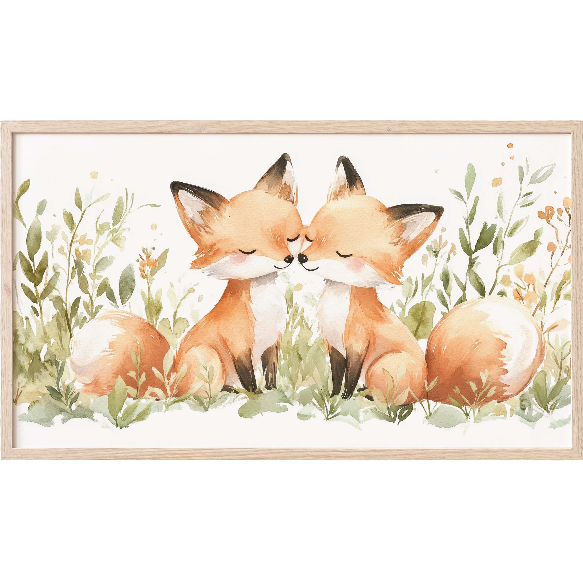 Charming watercolor of two foxes nuzzling amid soft greenery, a delicate, elegant nursery Frame TV Art