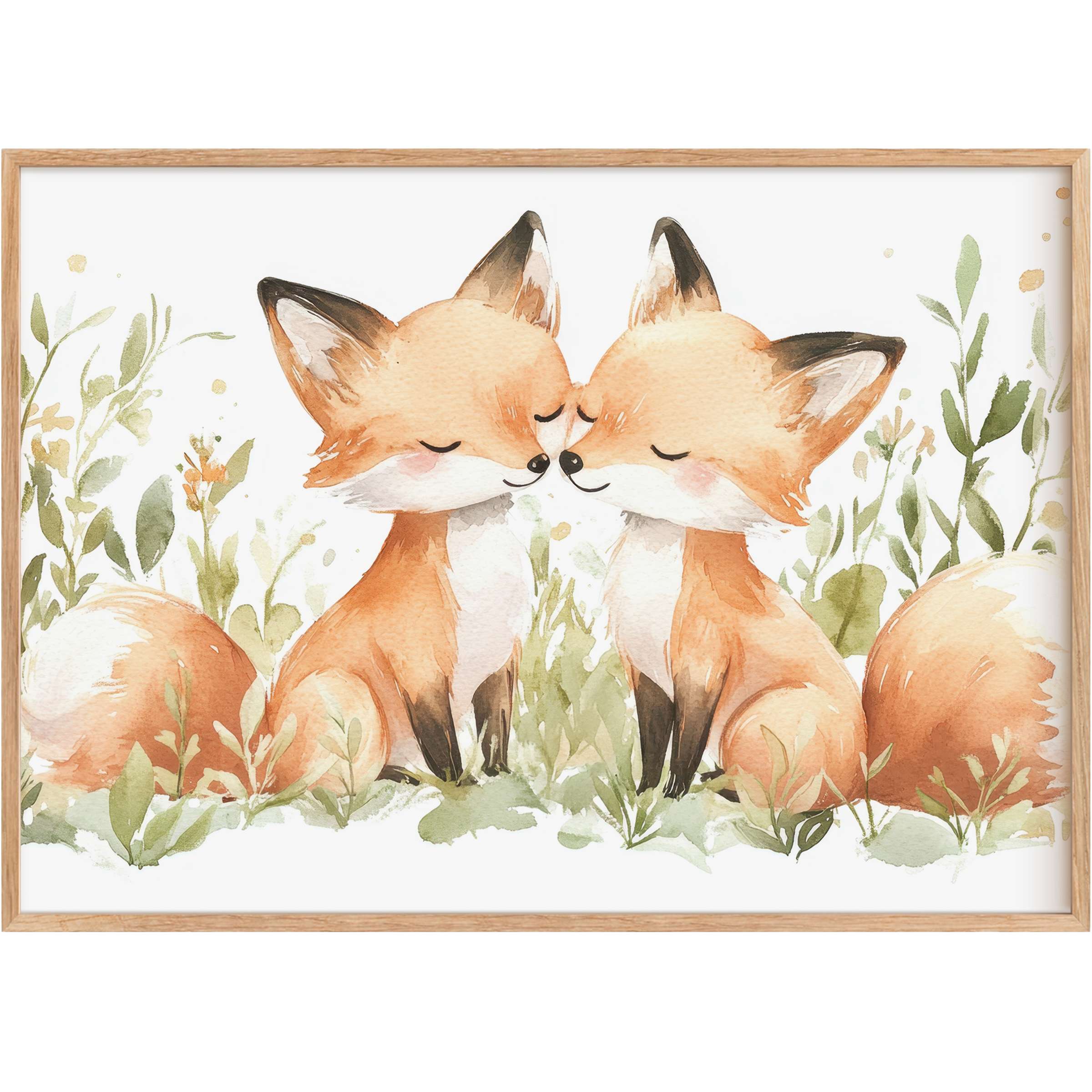Charming nursery printable wall art featuring two gentle foxes in soft earth tones, creating a serene, tender vibe