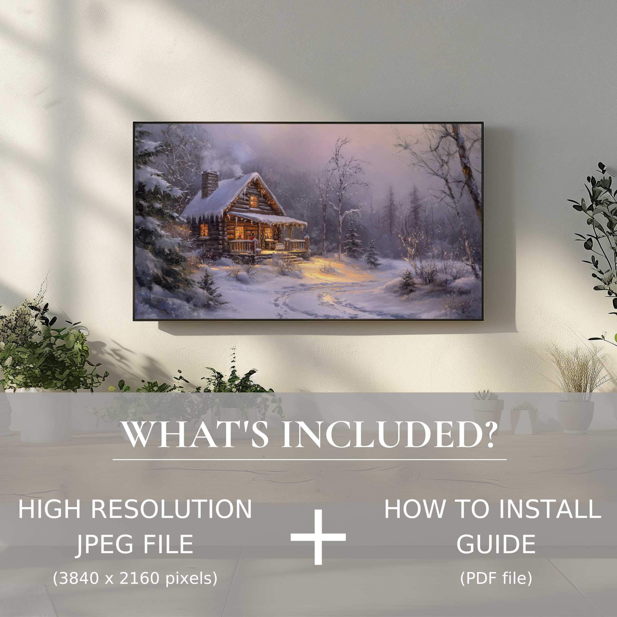 Elegant christmas digital TV art download showcasing a cozy winter cabin, enhancing living spaces with effortless digital use