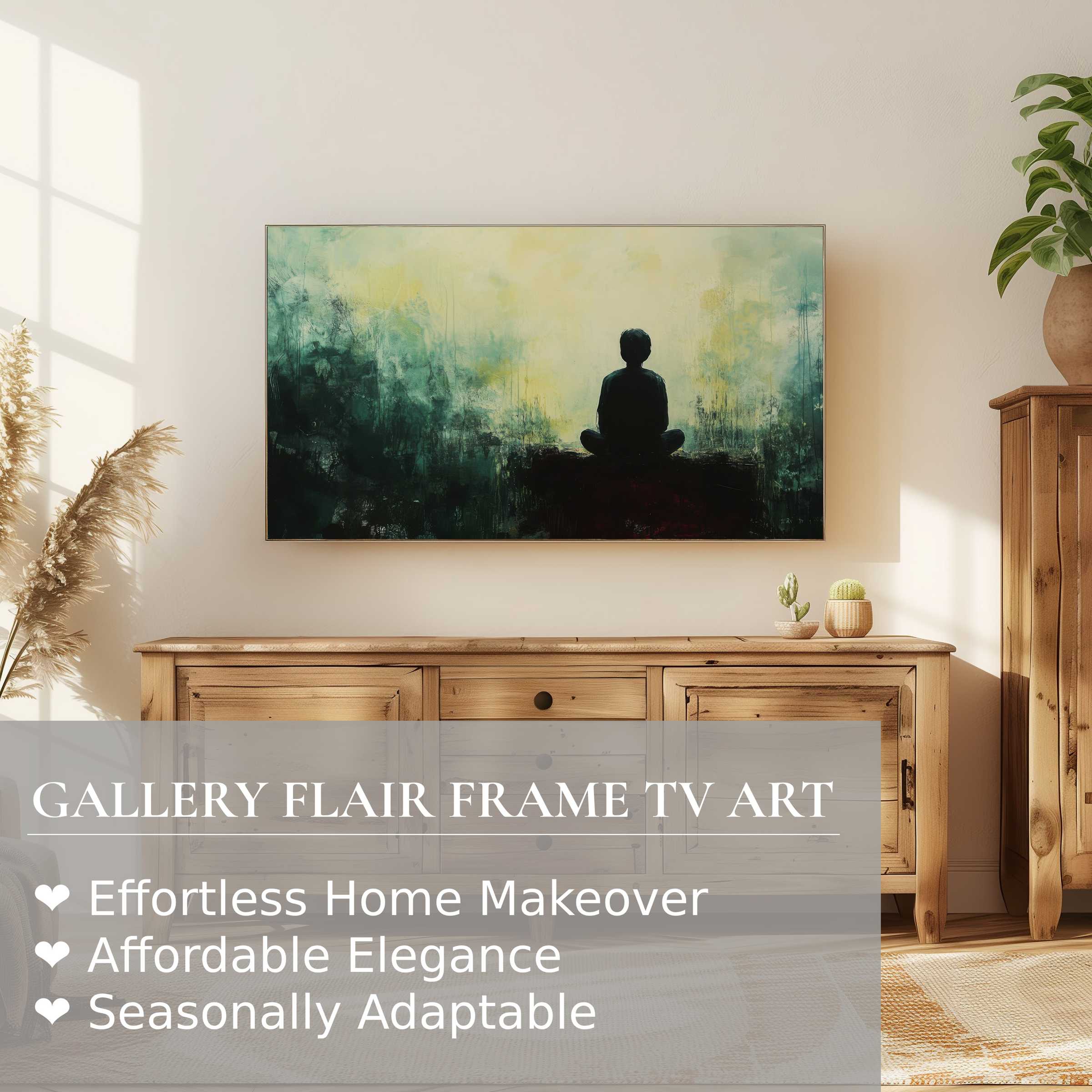 Samsung Frame TV showcases serene modern digital artwork in a minimalist, sunlit room with natural wood accents