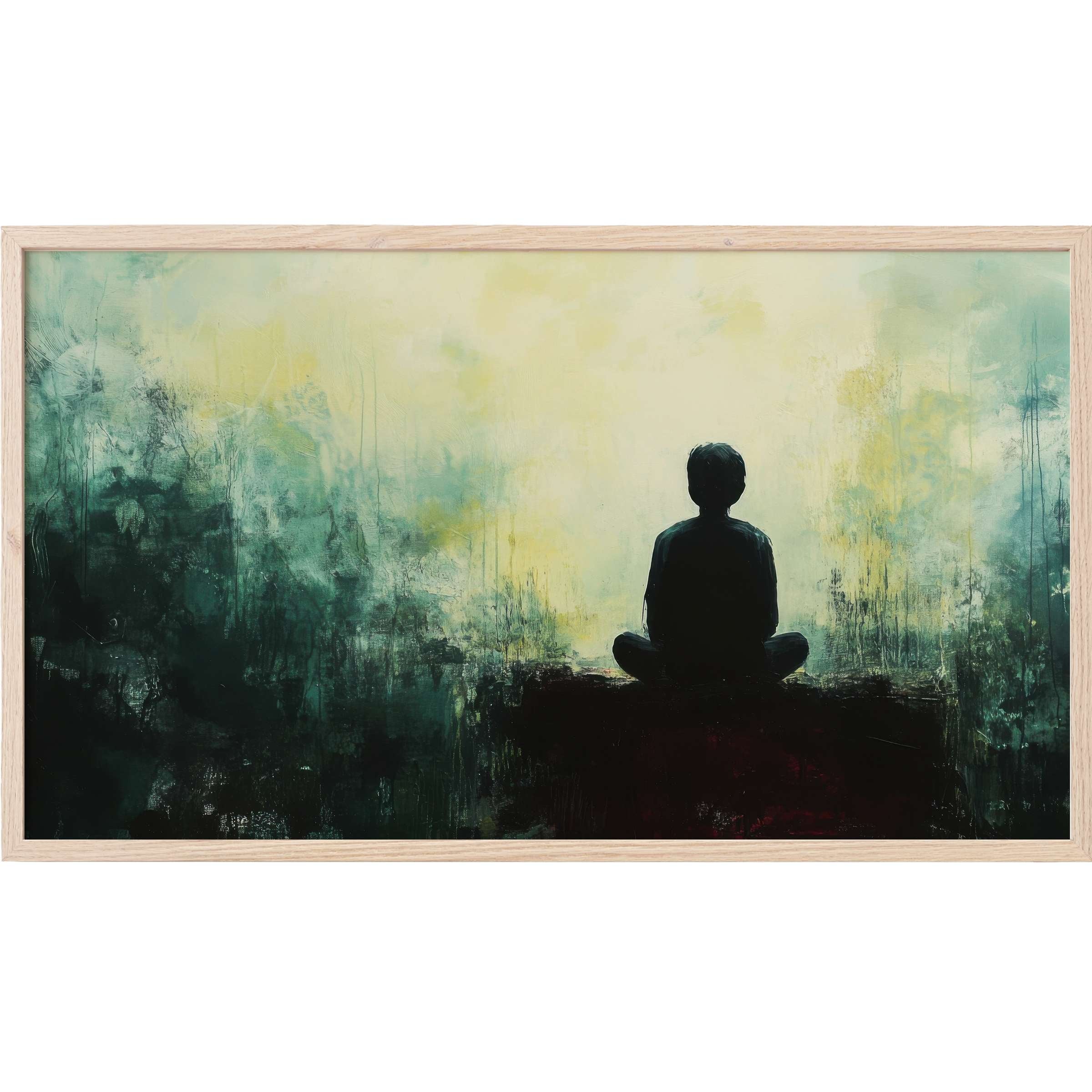Silhouetted figure meditates amid misty greens and soft yellows in tranquil modern Frame TV Art for serene spaces