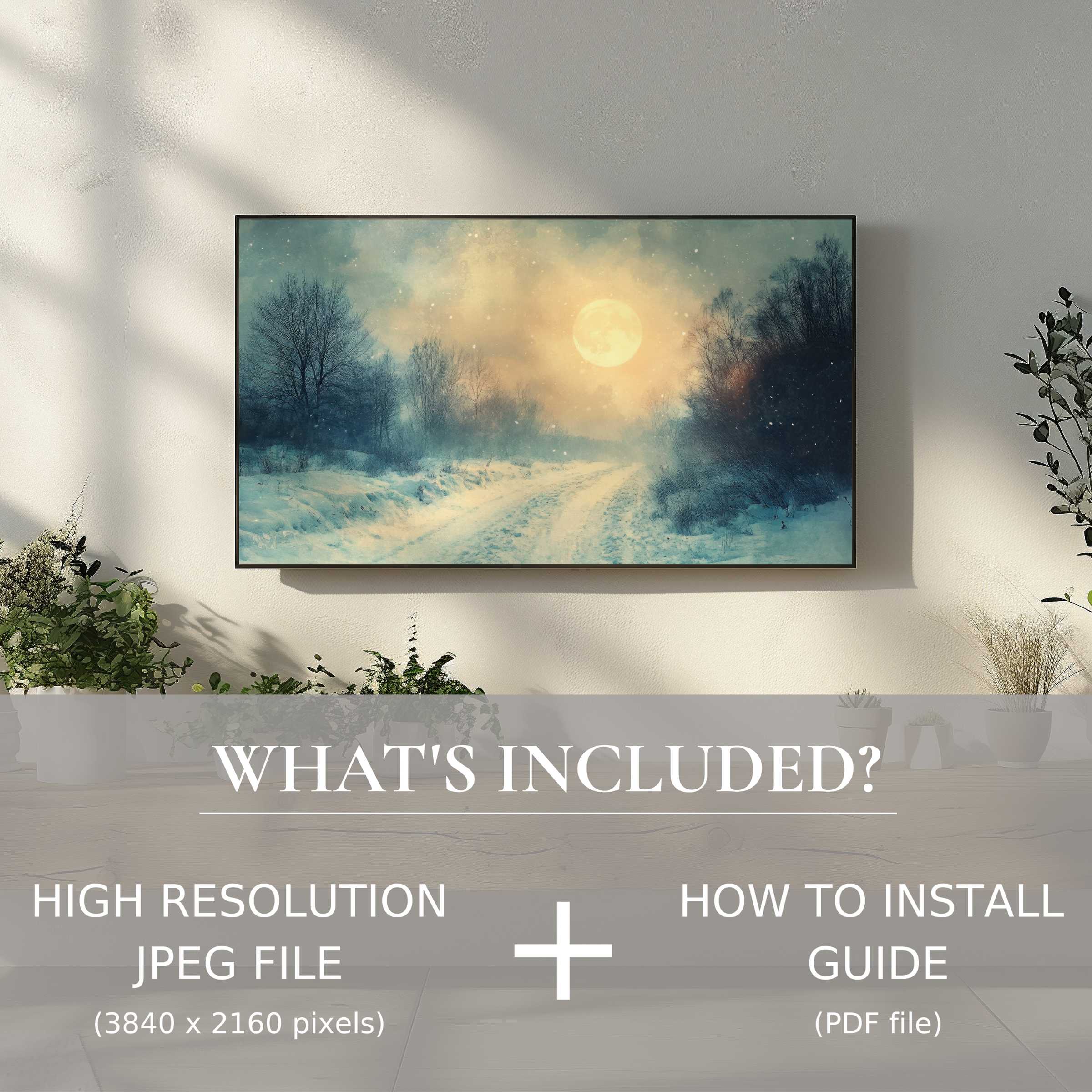 Elegant winter digital TV art download with easy use, enhancing your living space with serene snowy ambiance
